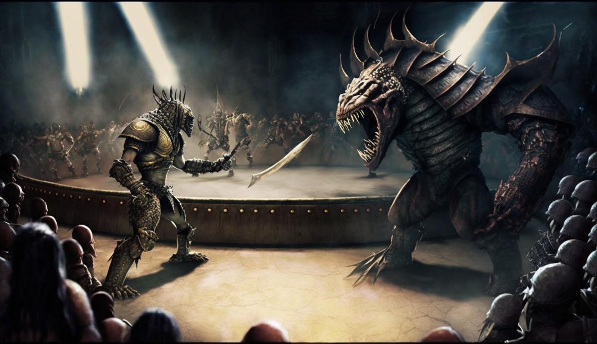 Alien gladiators and predators gladiators in the arena.