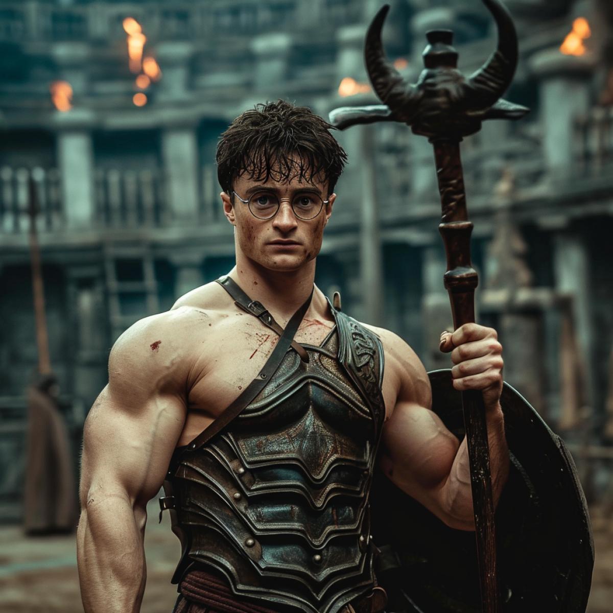Harry Potter has the athletic figure of a bodybuilder. He is dressed in the armor of an ancient Roman warrior. Harry Potter holds a wooden magic club in his hands. The background is a gladiator arena.