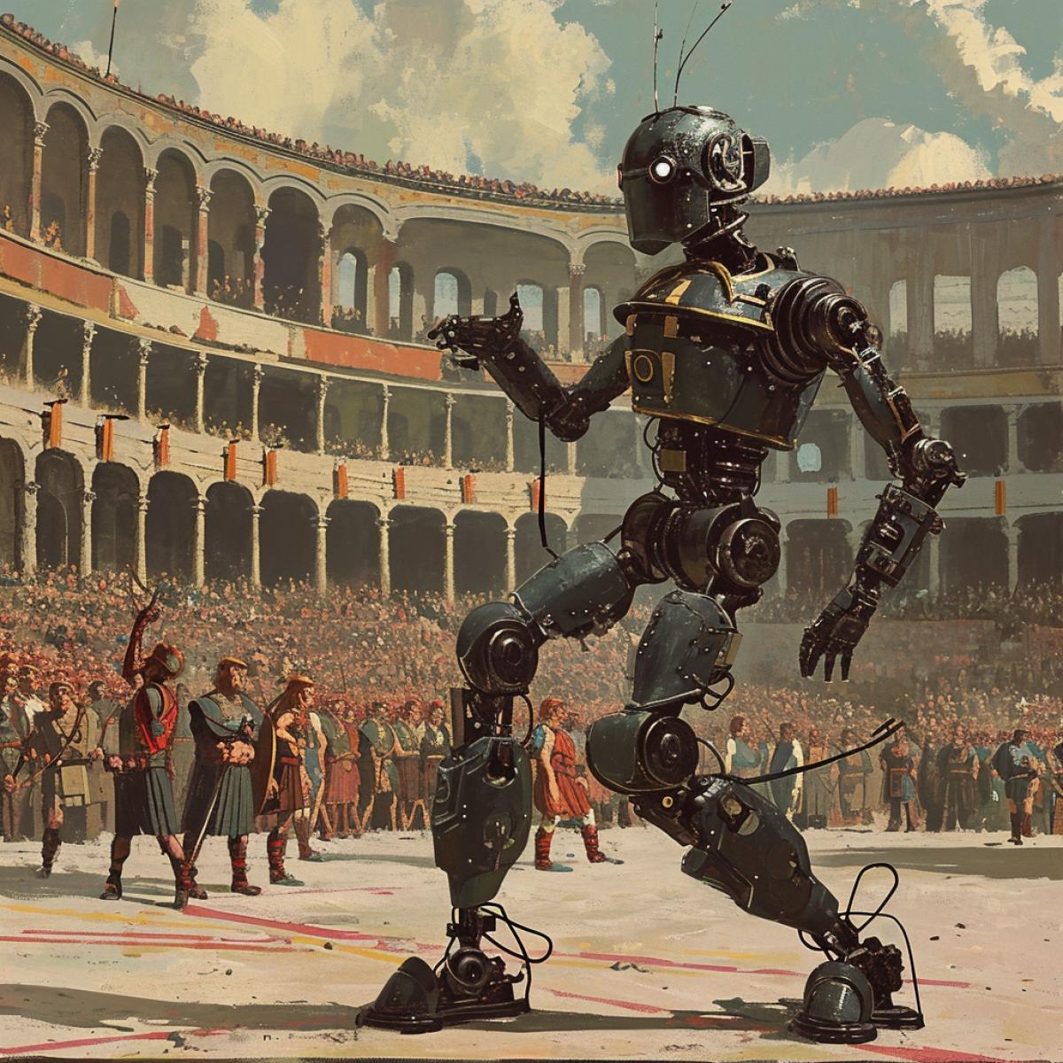 Hedonismbot watches a fight between ancient Roman gladiators.