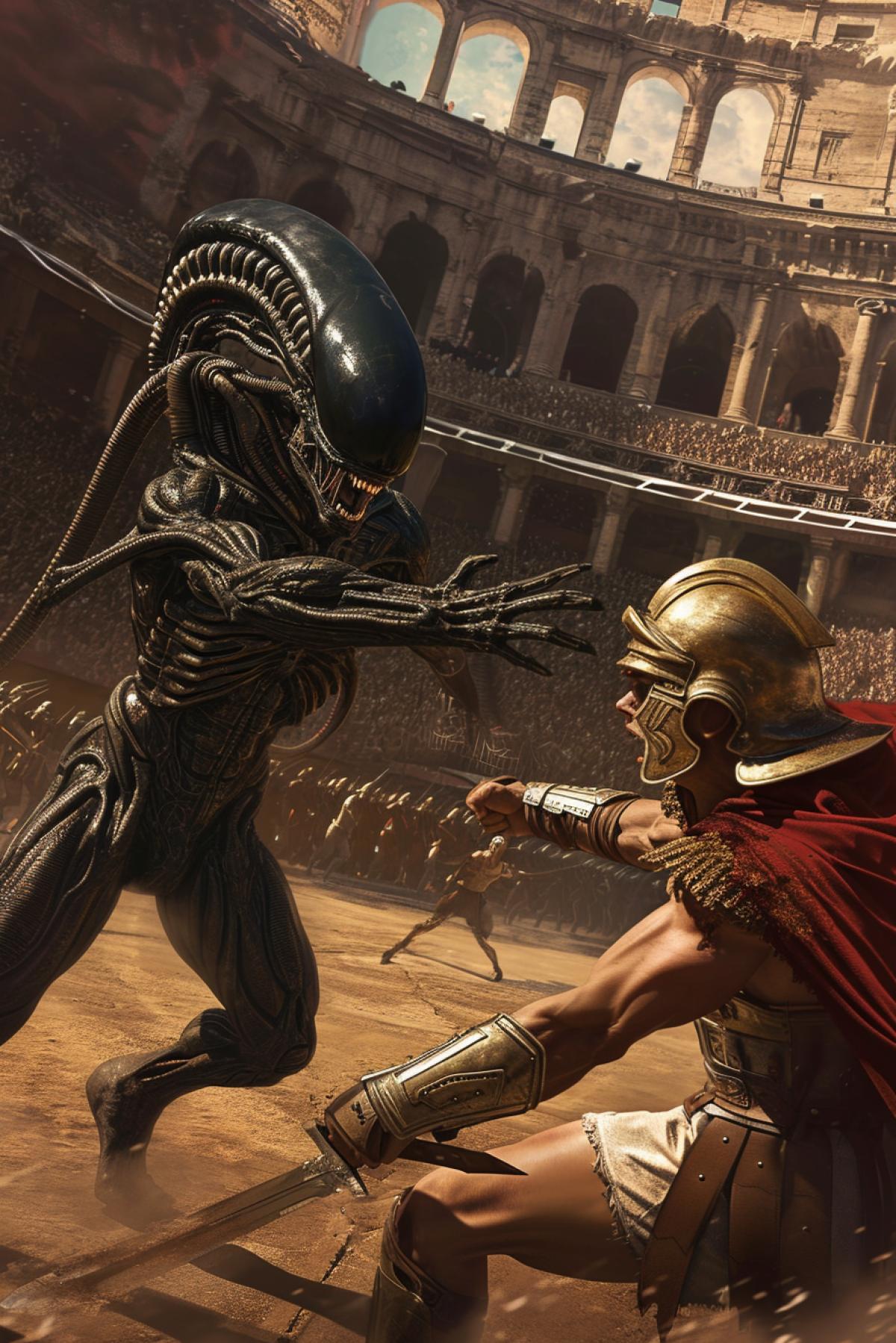 A gladiator of ancient Rome fights a xenomorph in the arena of the Colosseum.