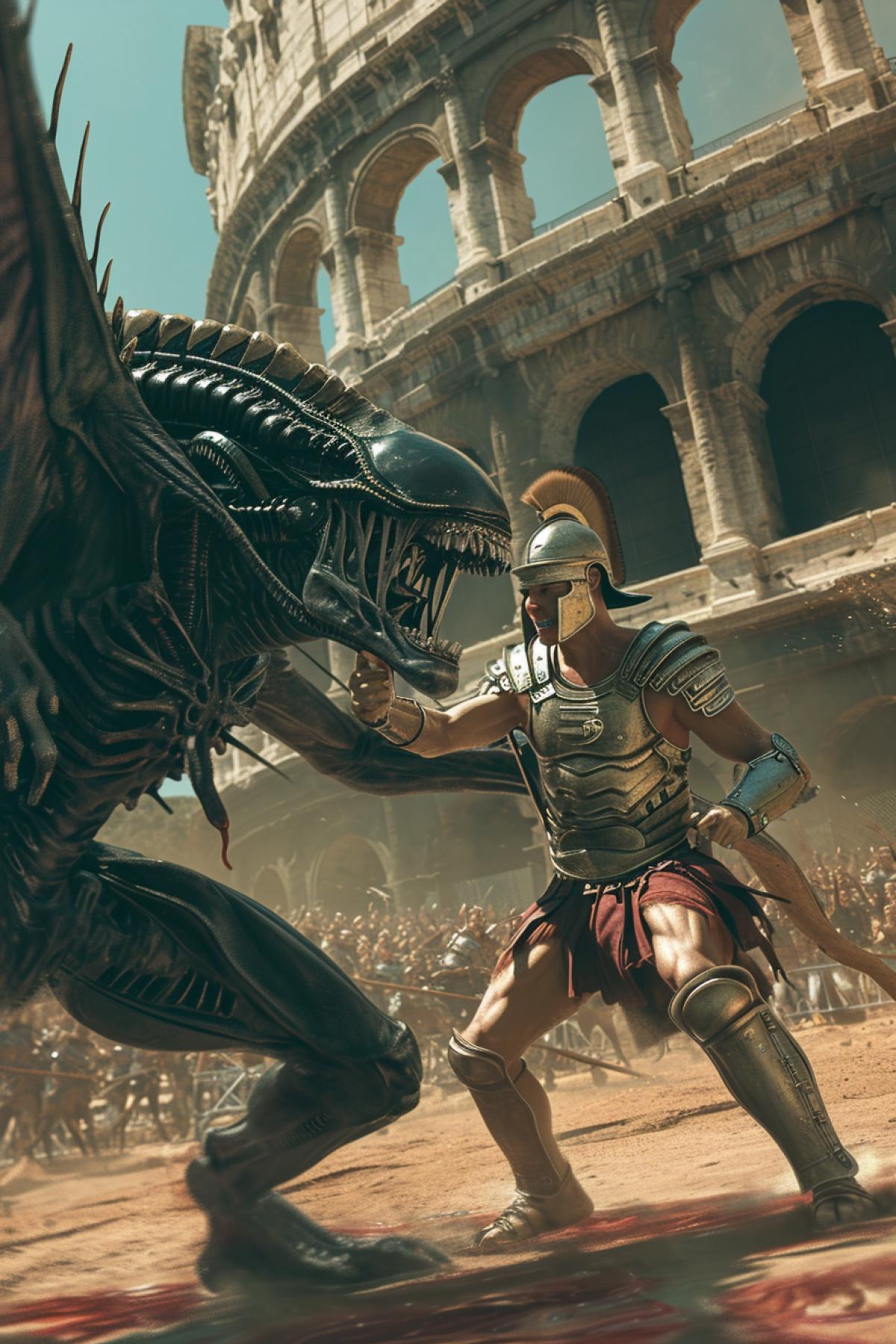 A gladiator of ancient Rome fights a xenomorph in the arena of the Colosseum.