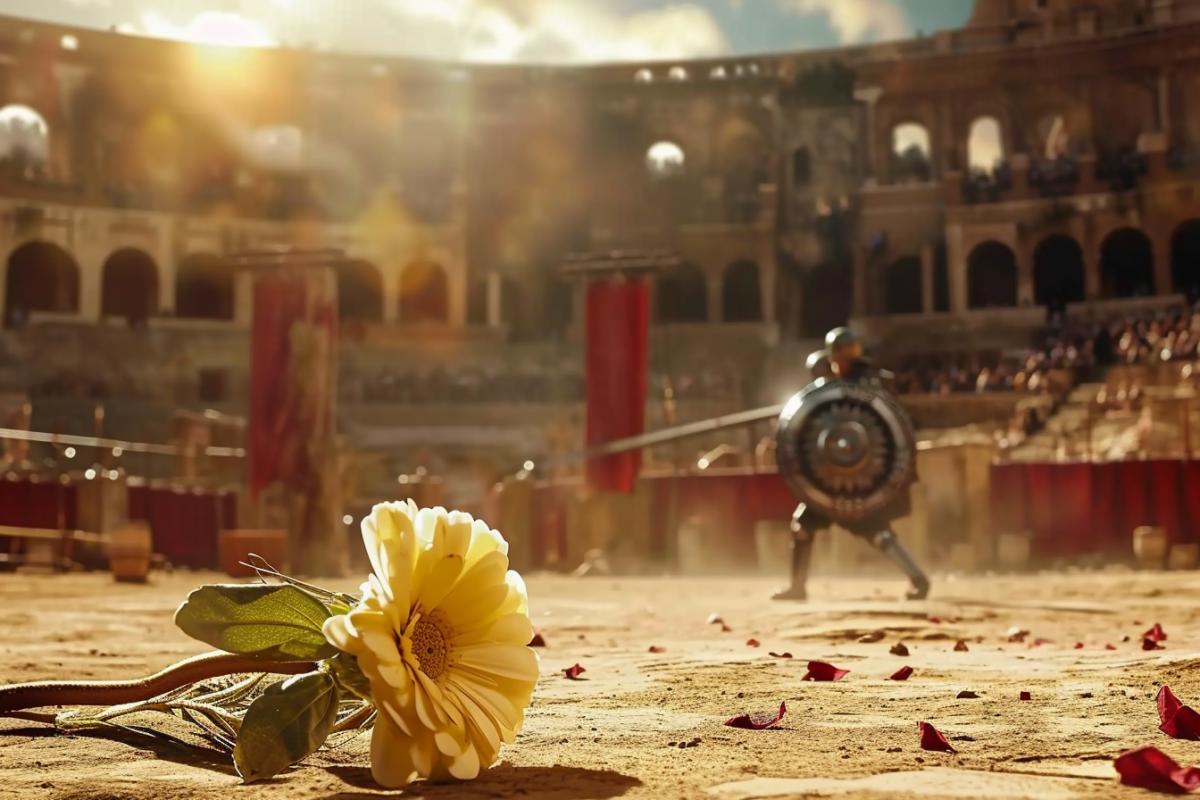A beautiful little flower grew in the arena of ancient Roman gladiators. The background shows a cool fight between two gladiators. A photograph with a large depth of field. Two-thirds com4k. Focus on the flower.