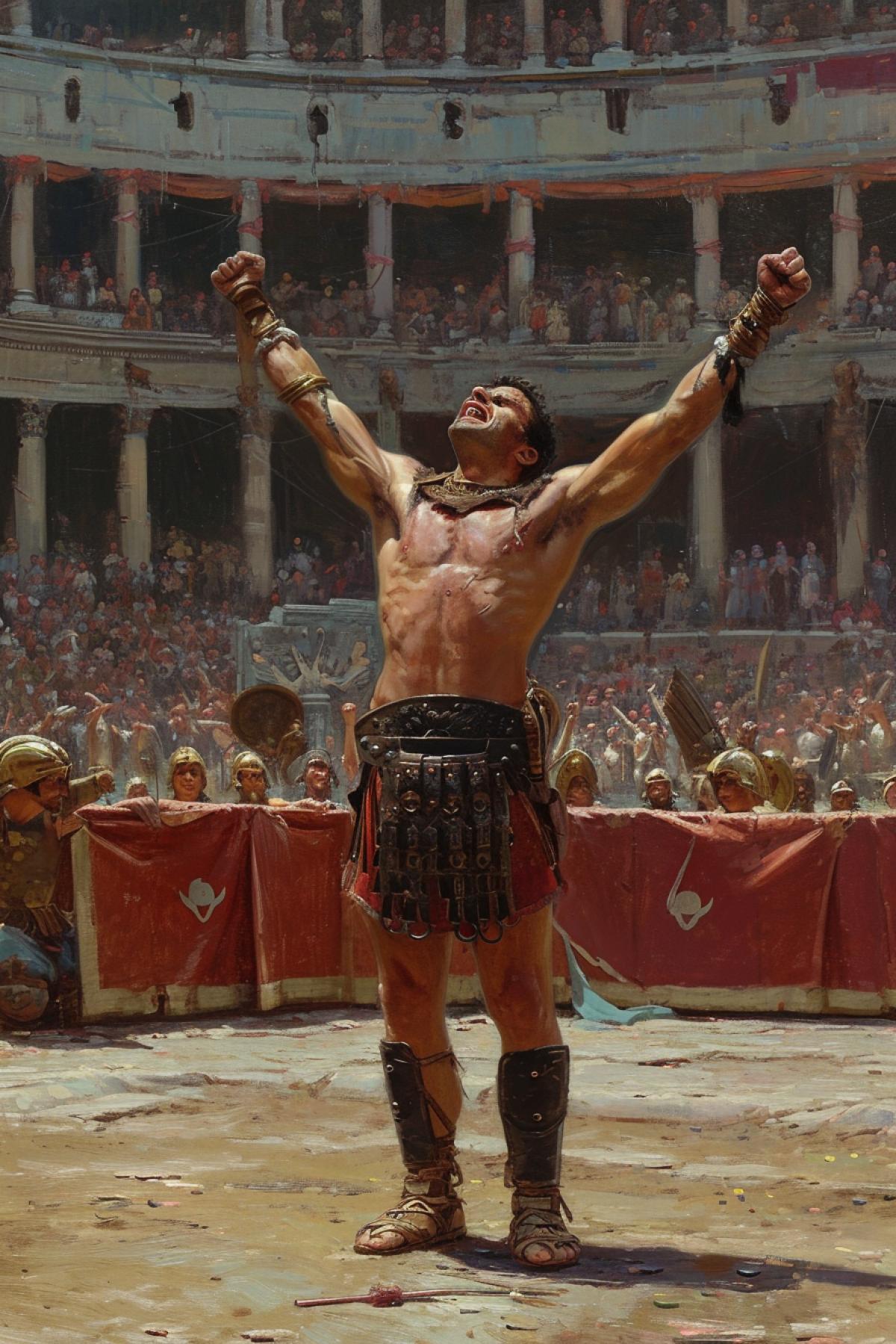 Gladiator winner, arena, rejoicing, ancient world