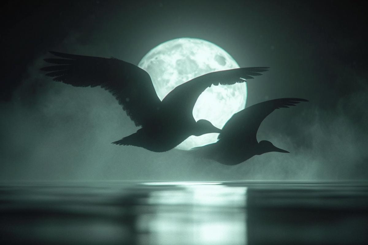 Witches dancing under the moon, fog in the swamp, north, full moon, mysterious horror.
