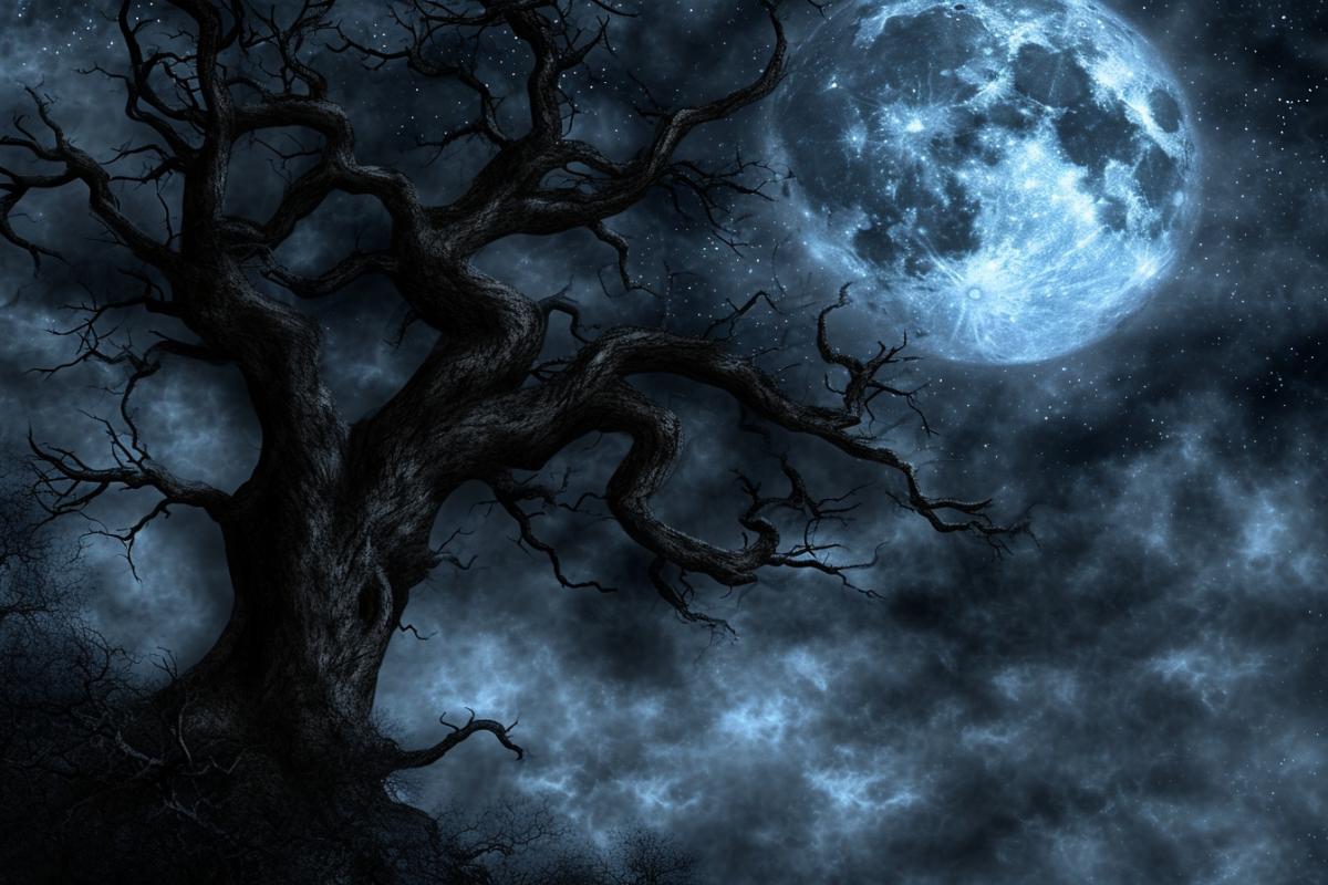Witches dancing under the moon, fog in the swamp, north, full moon, mysterious horror.