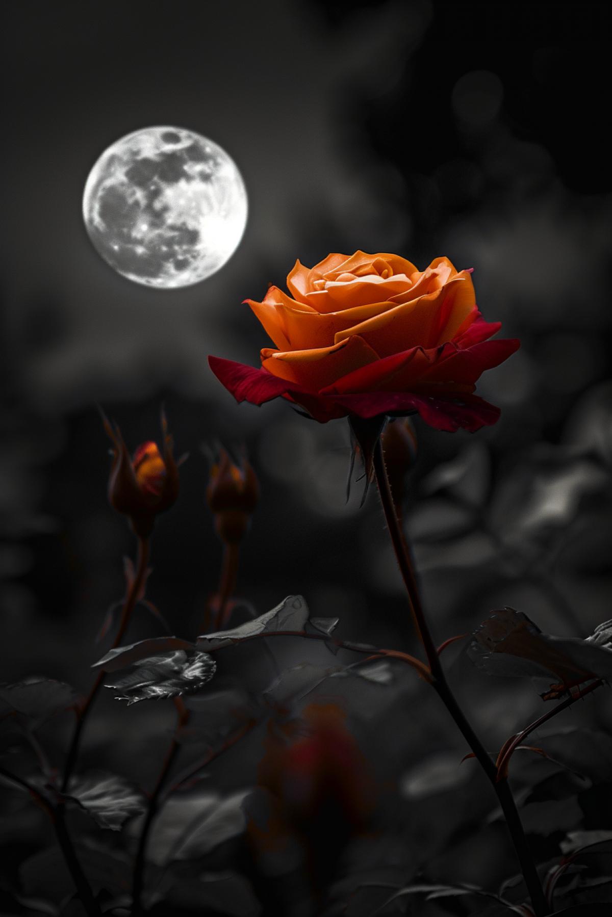 Moon, rose, dark and white photo with color accent