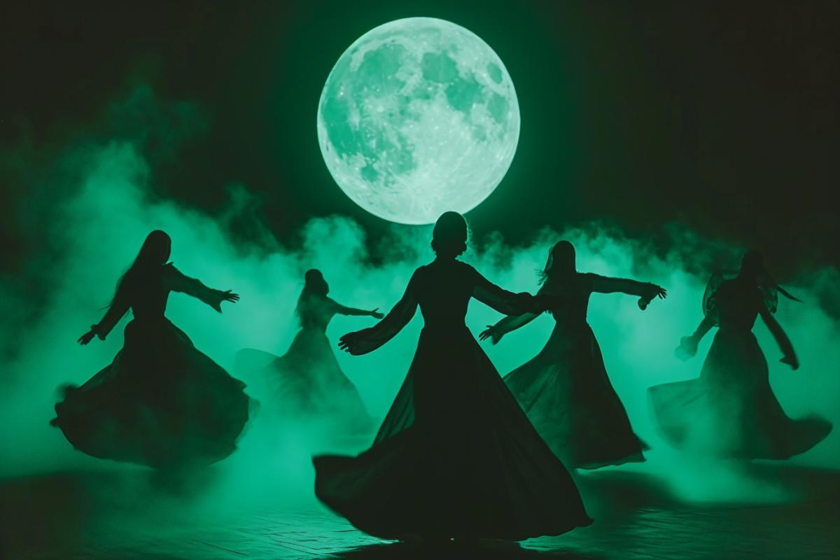 Witches dancing under the moon, fog in the swamp, north, full moon, mysterious horror.