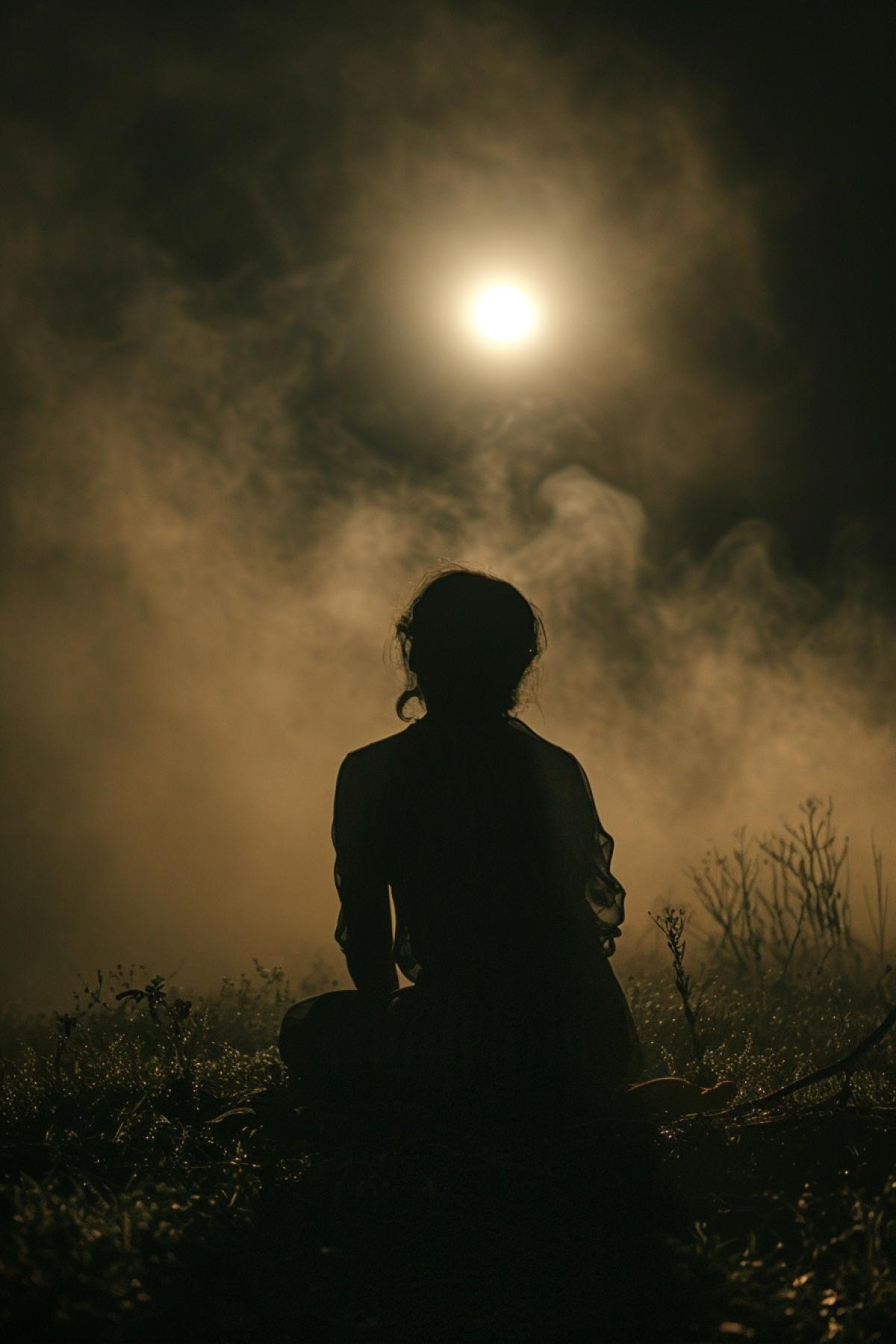 a person sitting on the ground In the light of the moon, in the style of suburban gothic, realistic depiction of light, rural america, made of mist, lit person, superpower