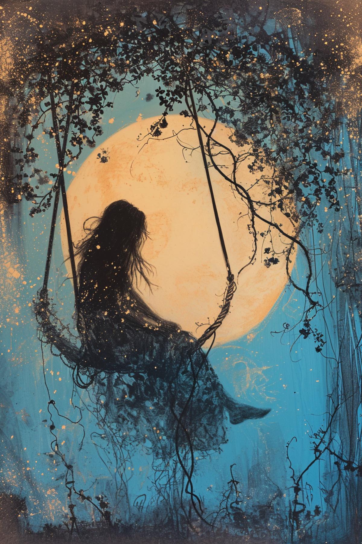 magic-hour painting, hard pastels and charcoal and watercolor sketch depicting a beautiful woman on a swing made of vines under a full blue moon star-filled sky, by Conrad Roset and Odilon Redon and Lea Nahon and Sara Andreasson, glowing neon, bold outlines, Polaroid, lithograph, risograph