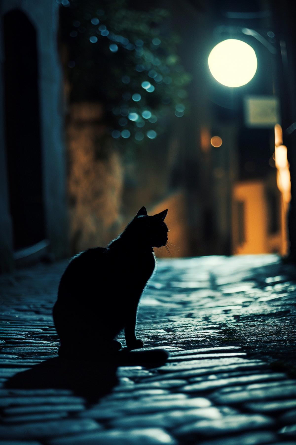 Silhouette of a dark cat, moon, pavement, old town