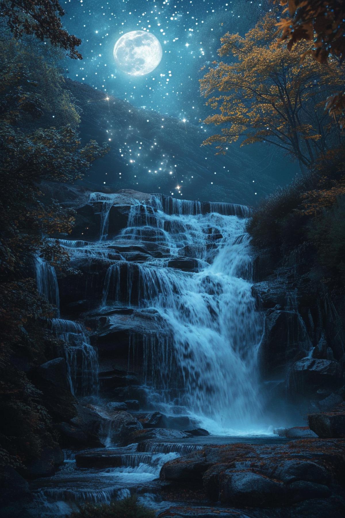 Waterfall in the light of the moon, shining stars