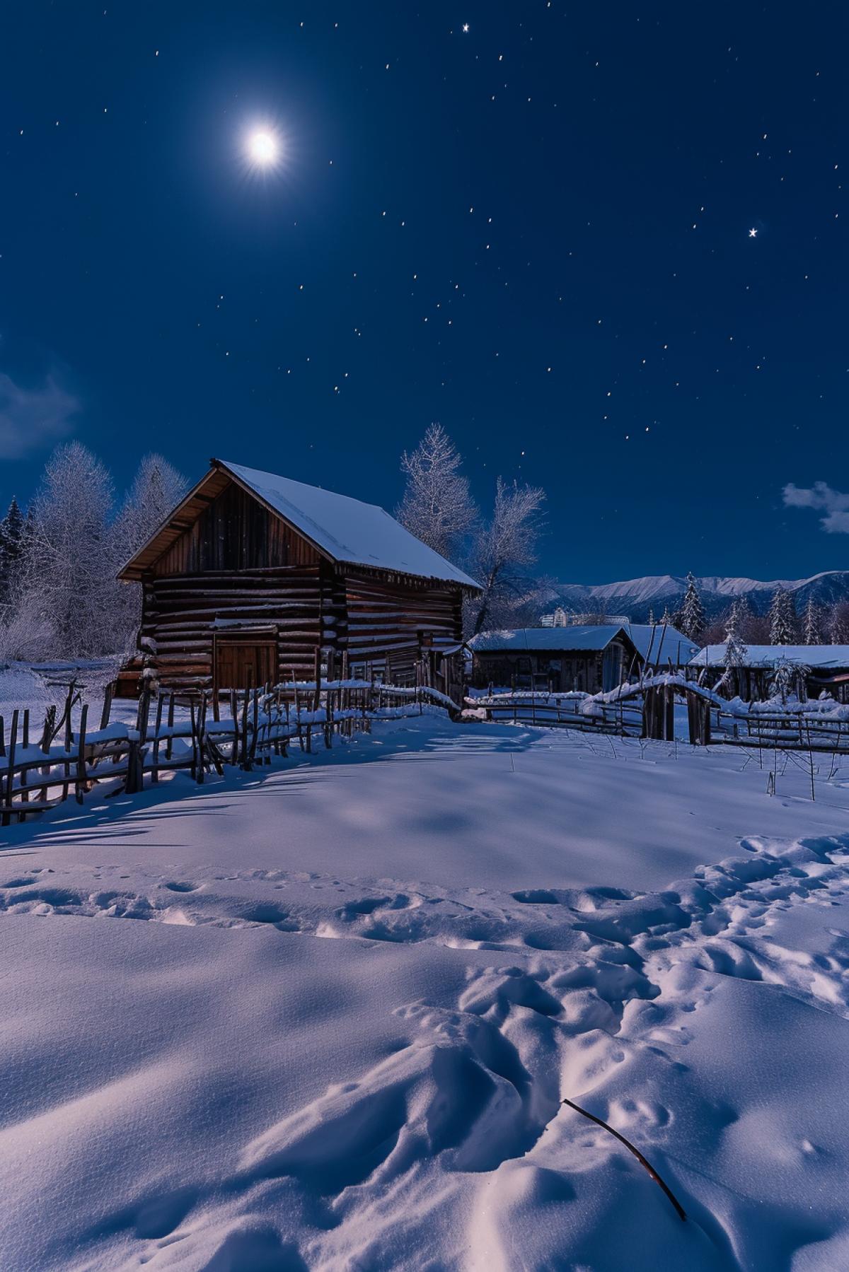 Winter, night, Russian village, snow, moon, Altai