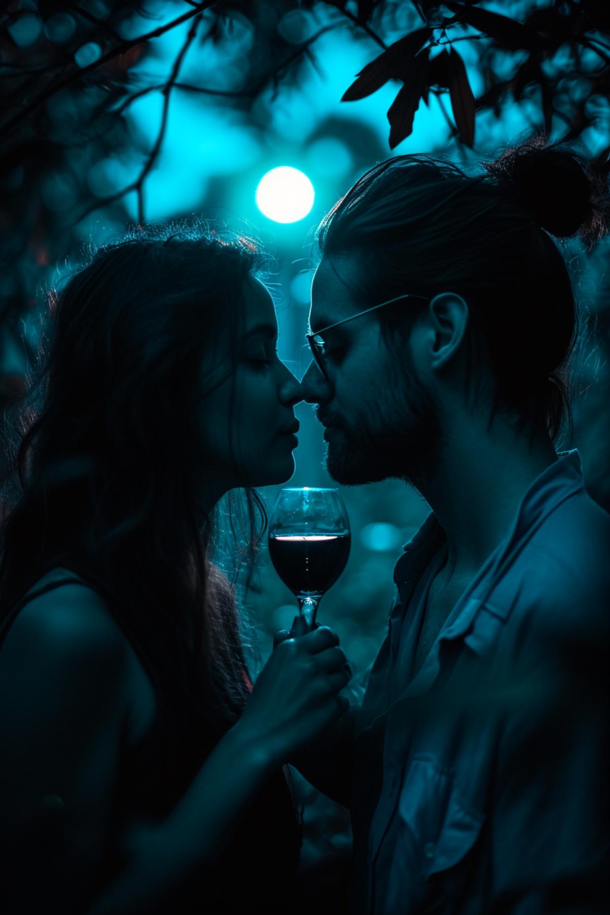 Close-up of a couple drinking wine by moonlight, moon in the frame, still from a movie, Mediterranean, monumental views, romantic atmosphere, olive trees, fluttering leaves, blurred colors, teal, pentax 645n style raw