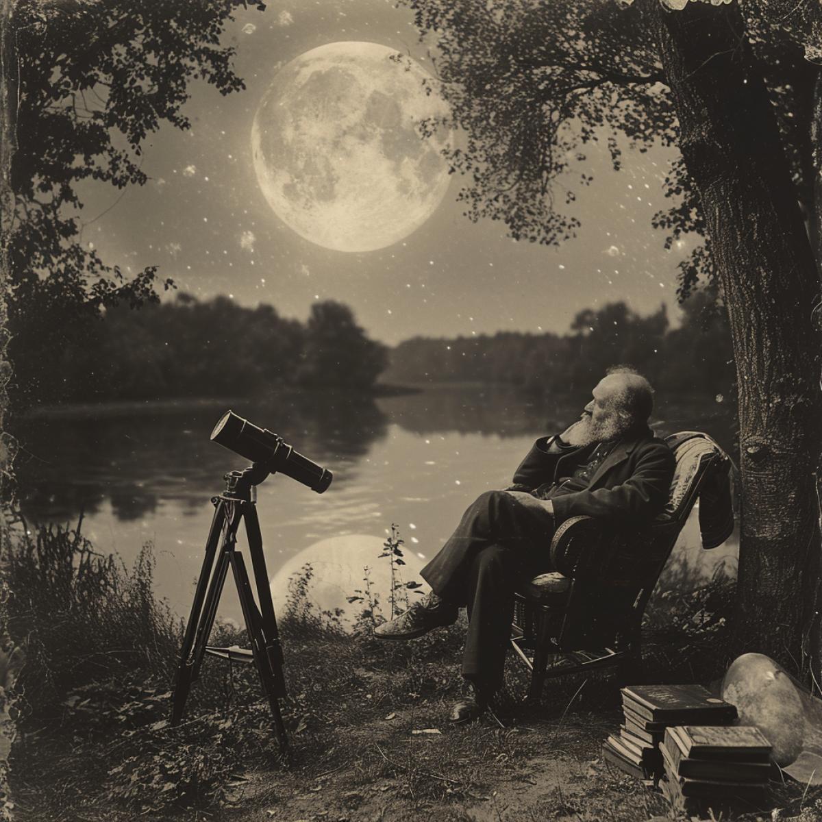 Full moon on a river bank in central Russia in the 19th century. Konstantin Eduardovich Tsiolkovsky sits in a comfortable chair and looks dreamily at the Moon. A telescope, a model of a rocket, and books are in the frame. The photograph conveys a feeling of hope.
