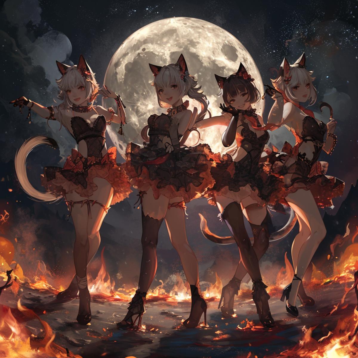 Its interesting how the girls dance. Four pieces in a row,. And the kitten is in charge. Amazing squad.. The full moon, the lunar path, and the fire are in the frame.