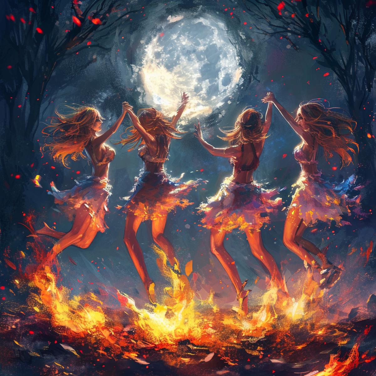 Its interesting how the girls dance. Four pieces in a row,. And the kitten is in charge. Amazing squad.. The full moon, the lunar path, and the fire are in the frame.
