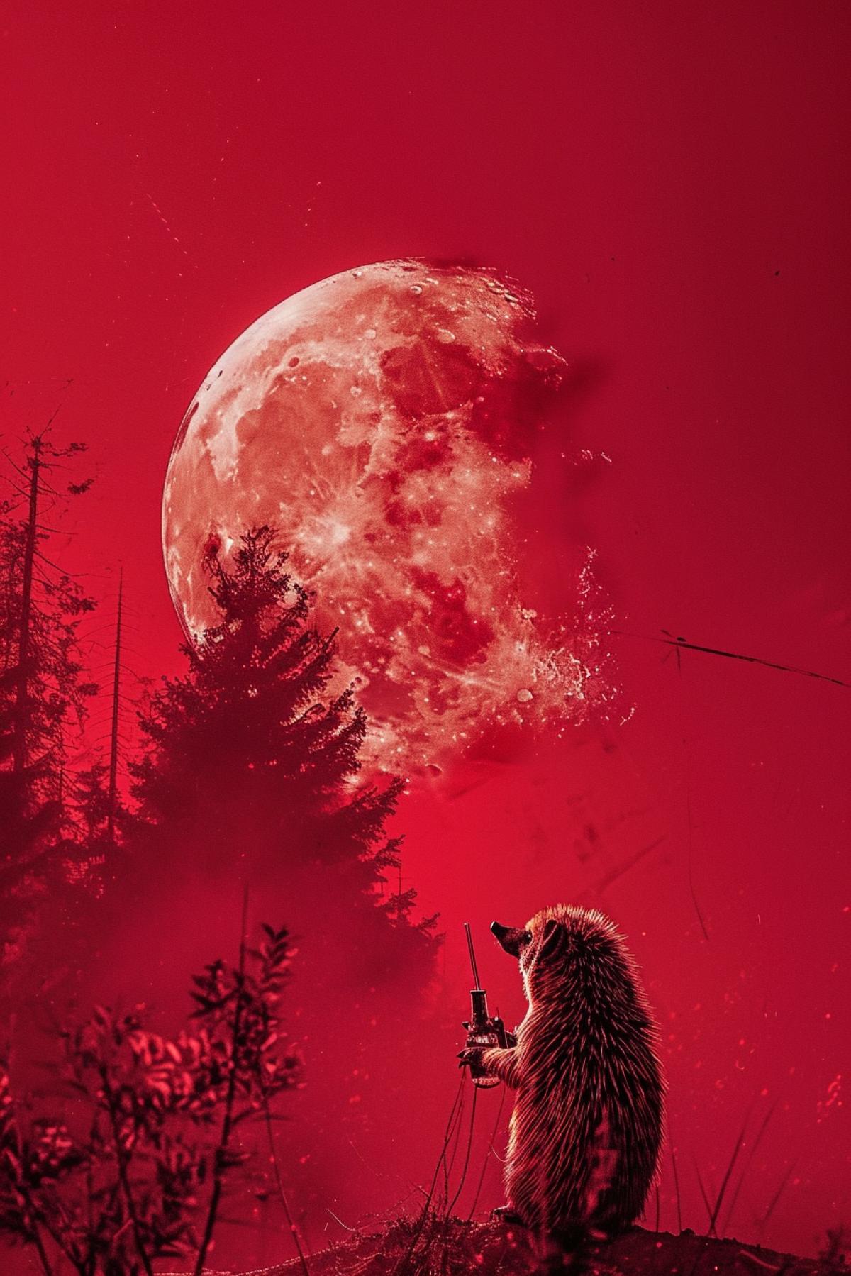 Red moon in the fog with a hedgehog holding vodka