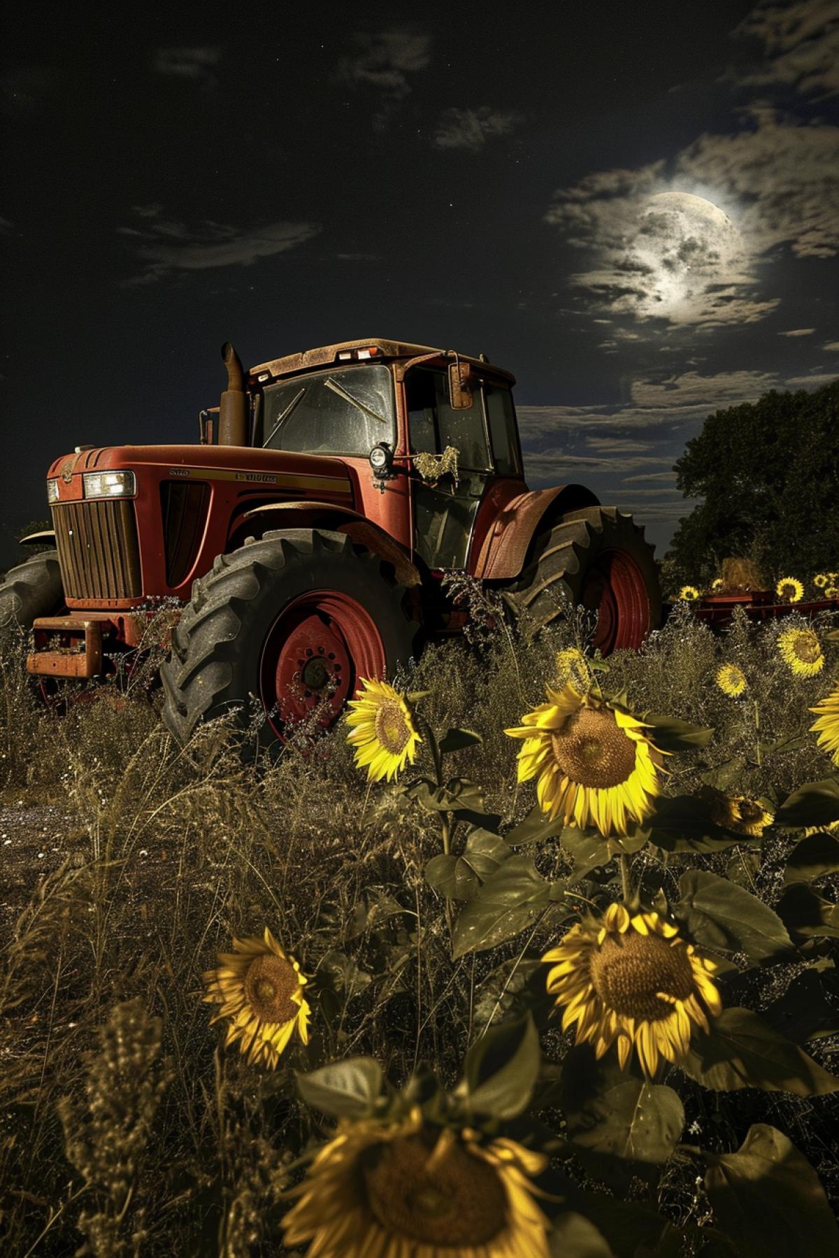 Moonlight, moonlight, floor with sunflowers, tractor, parallel dimension