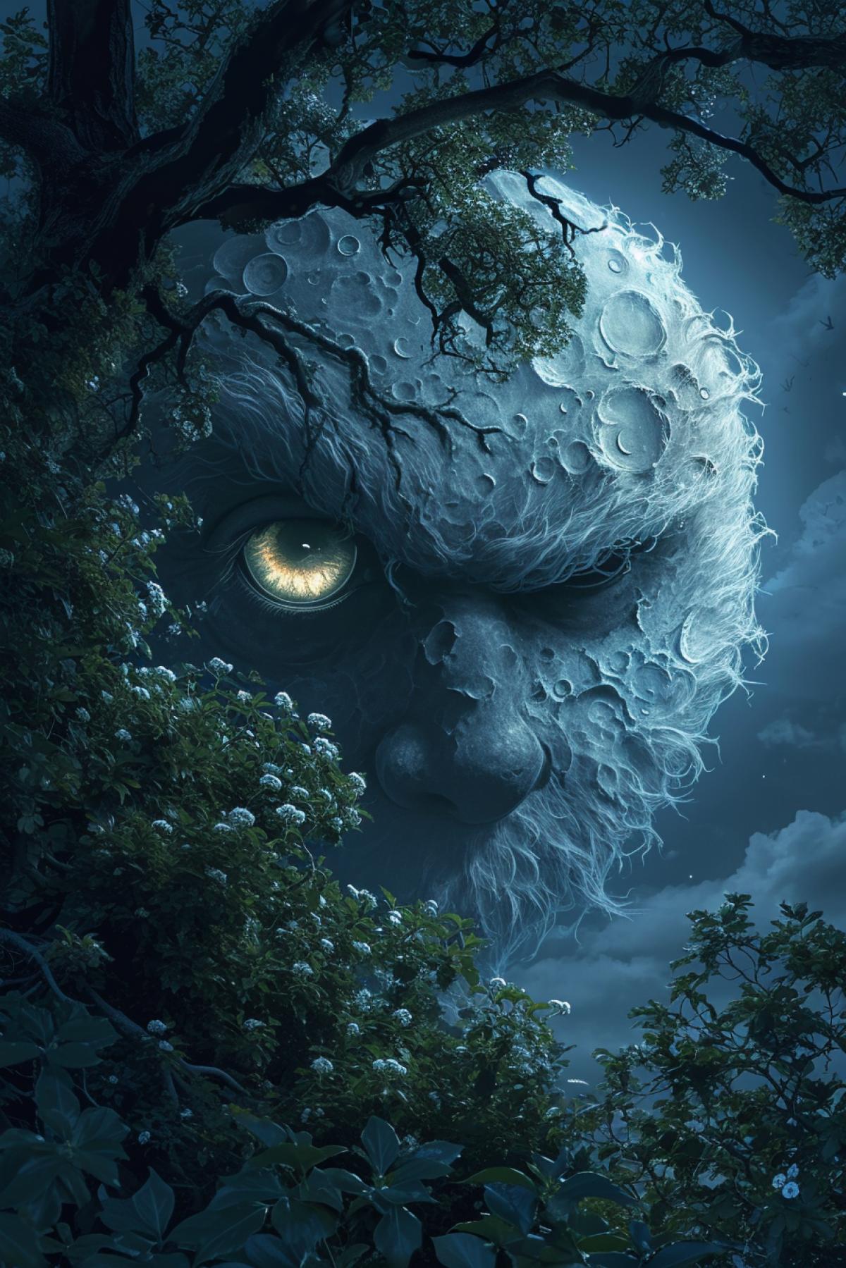 Moon. Moon-eyed monster in the bushes. parallel measurements