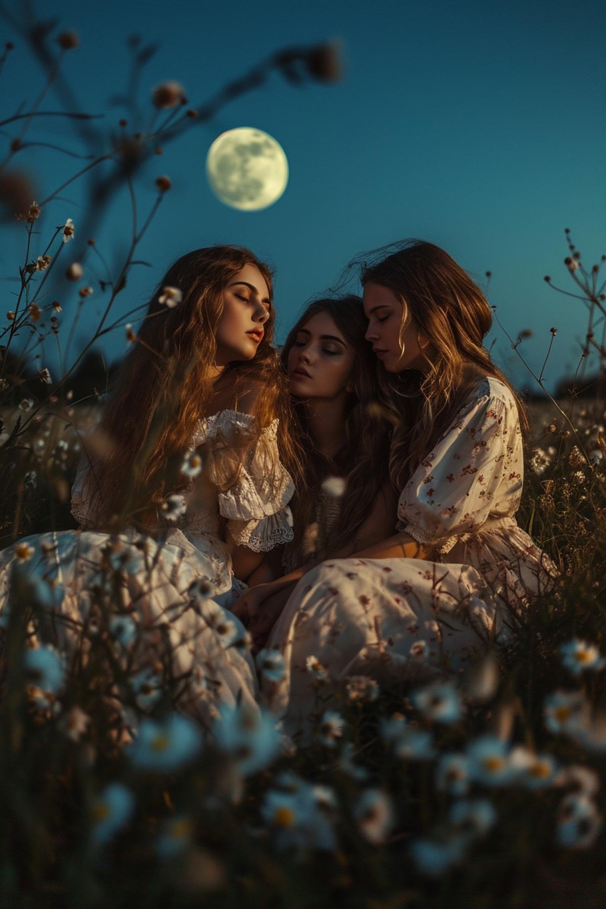 Beautiful young girls sitting at night in a flowering meadow are engaged in fortune-telling on the groom, the photo is taken in the moonlight.
