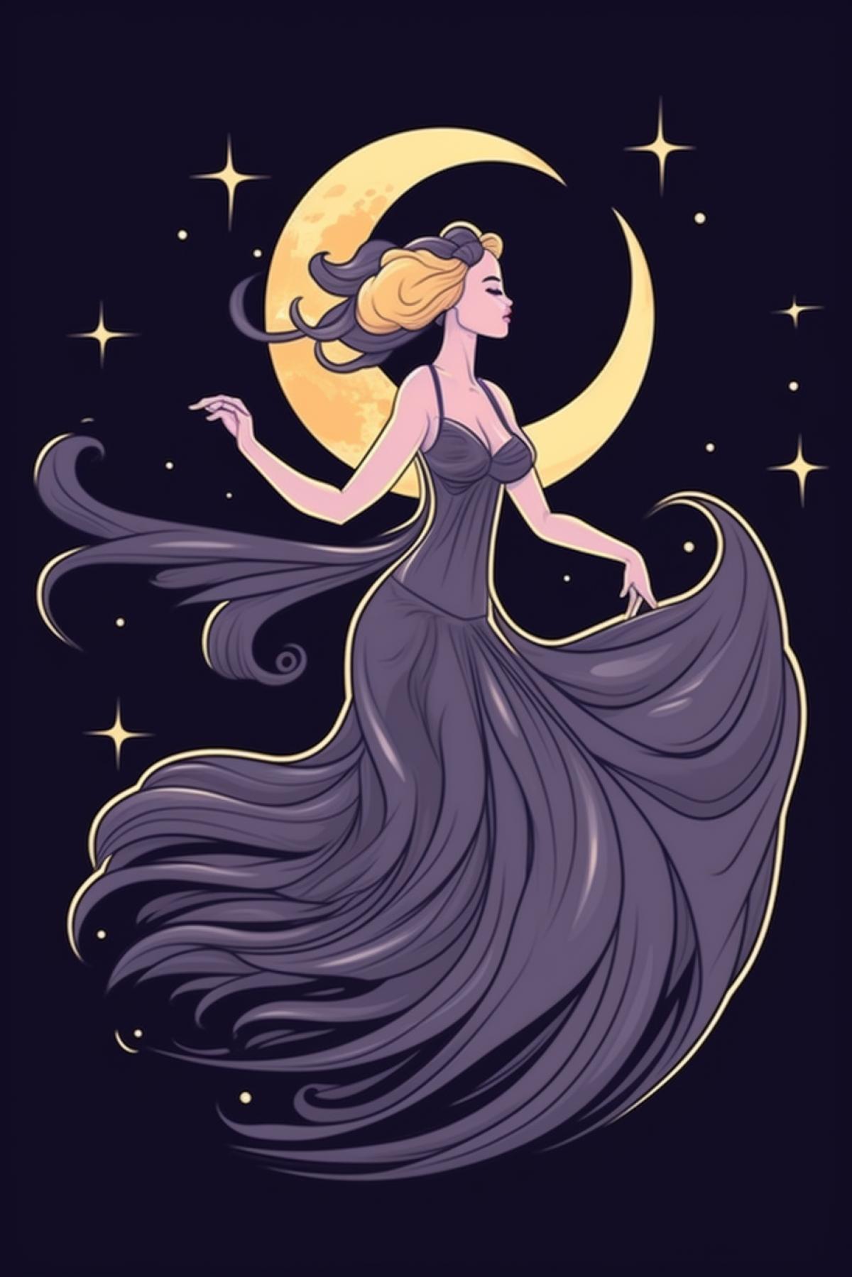 mysticism and beauty supermoon, psychedelic landscape with pronounced moonlight, visualization of magic coming from the lunar body, a fantastic maiden with wings dancing under the moon
