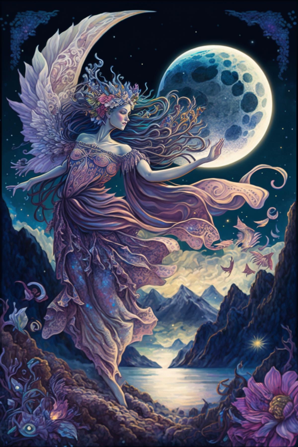 Superlune, psychedelic landscape with magic moonlight, floods of moonlight, wonderful moon magic, a fantastically beautiful winged maiden dancing under the starry sky