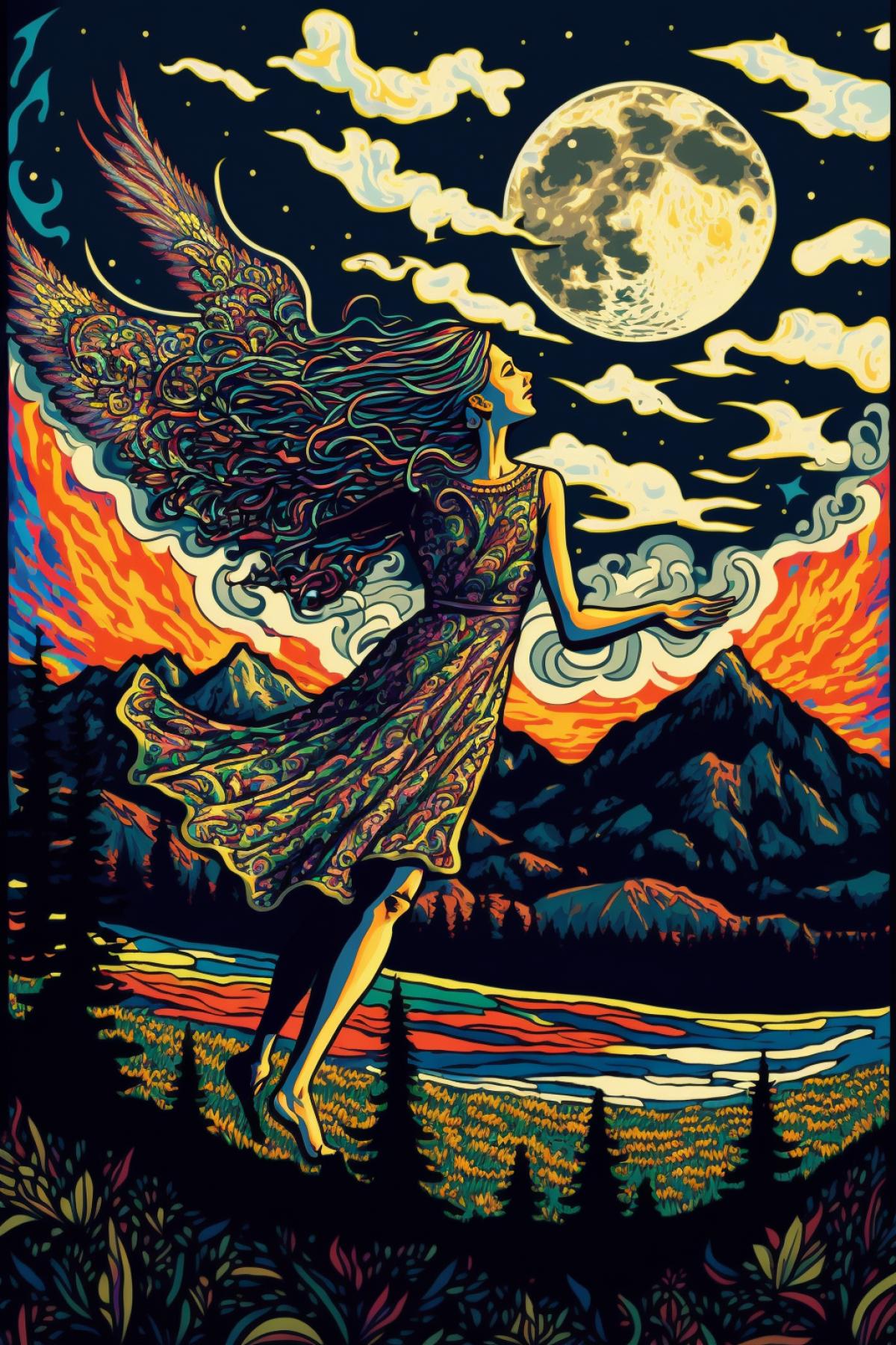 Superlune, psychedelic landscape with magic moonlight, floods of moonlight, wonderful moon magic, a fantastically beautiful winged maiden dancing under the starry sky