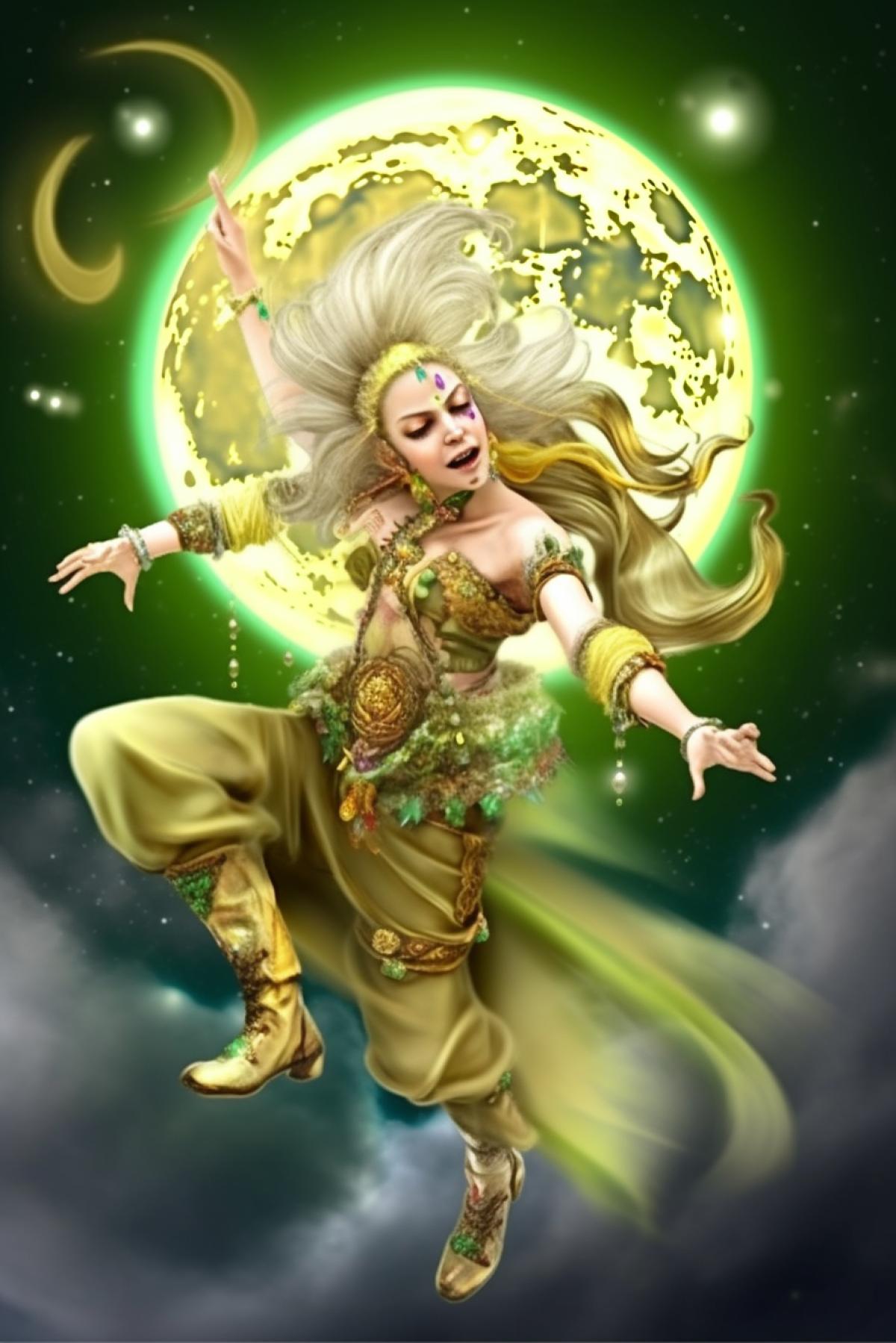 Superlune, psychedelic landscape with magic moonlight, floods of moonlight, wonderful moon magic, a fantastically beautiful winged maiden dancing under the starry sky