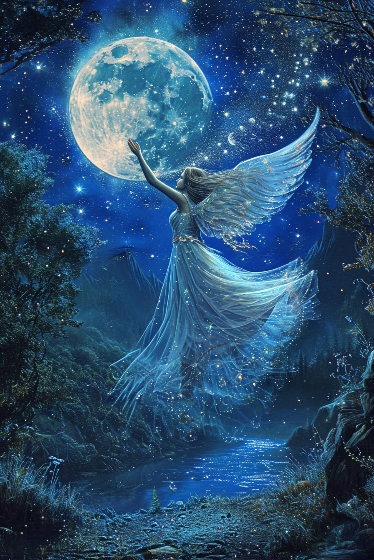 Superlune, psychedelic landscape with magic moonlight, floods of moonlight, wonderful moon magic, a fantastically beautiful winged maiden dancing under the starry sky