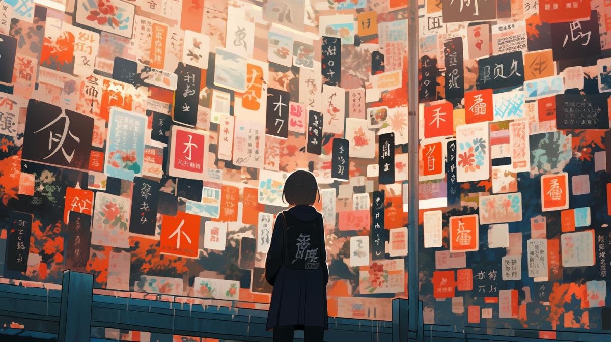 generate a photo of a traveler near hundreds of signs