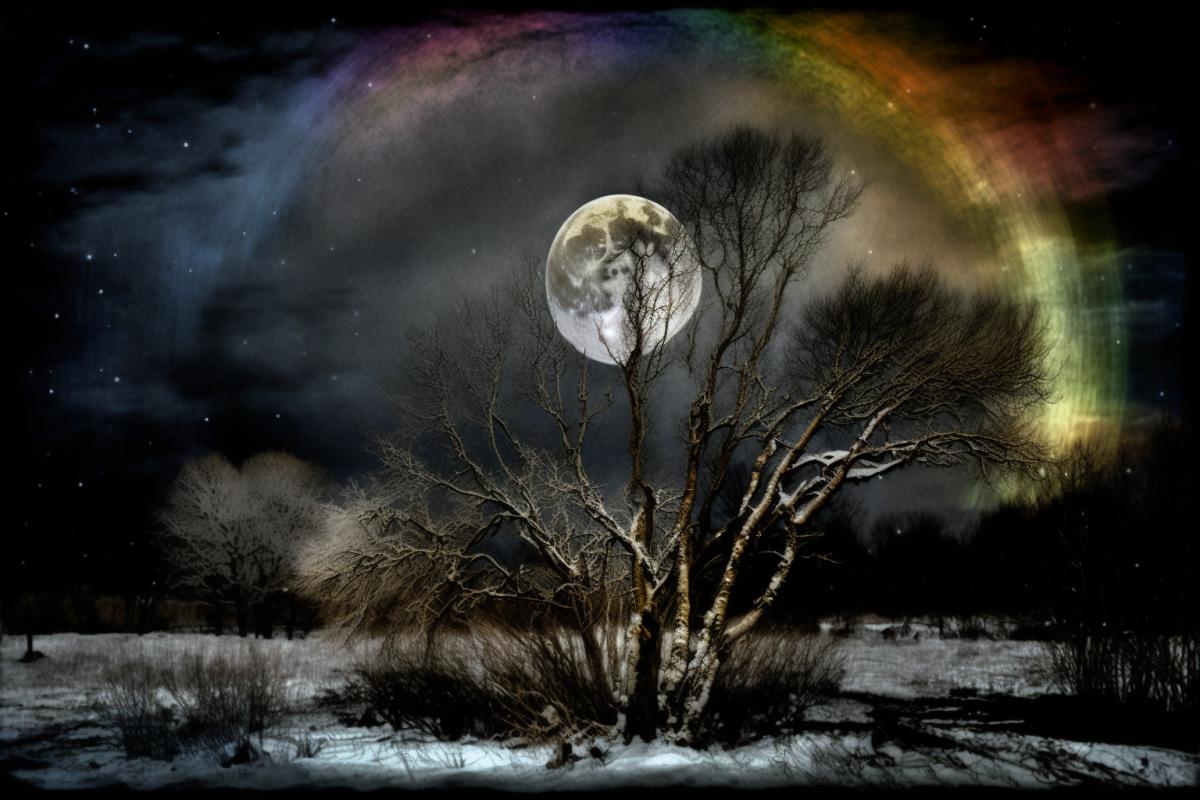 Moonlight rainbow, fantastic atmosphere, enigmatic winter border of a wood, superlune