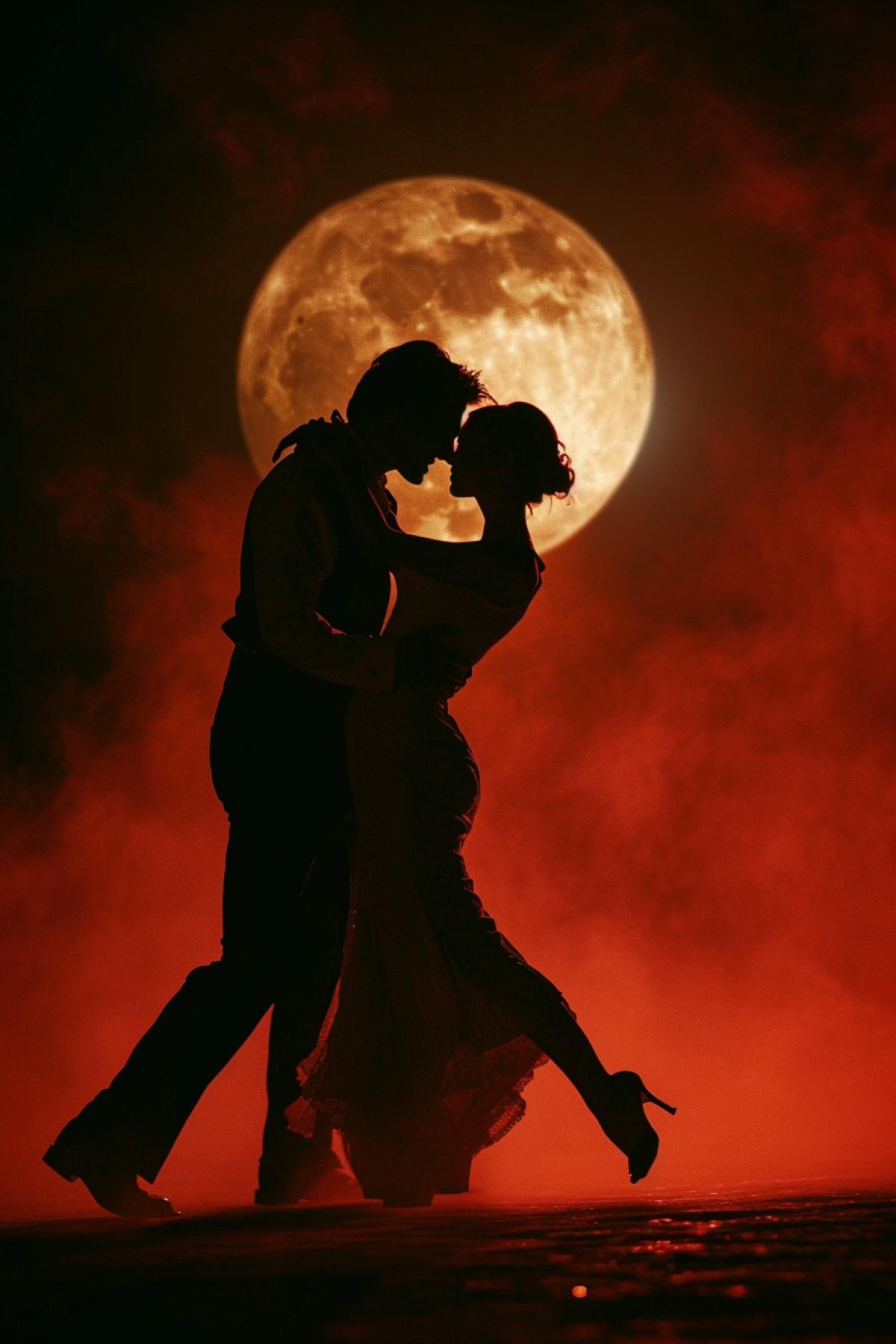 Passionate tango under the moonlight, red, dark, white