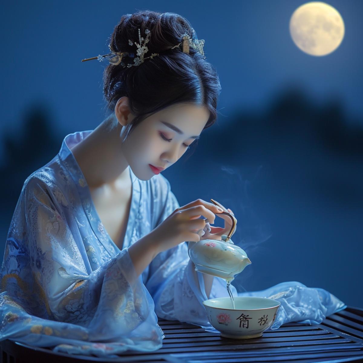 Exquisite tea ceremony under the moonlight, beautiful face