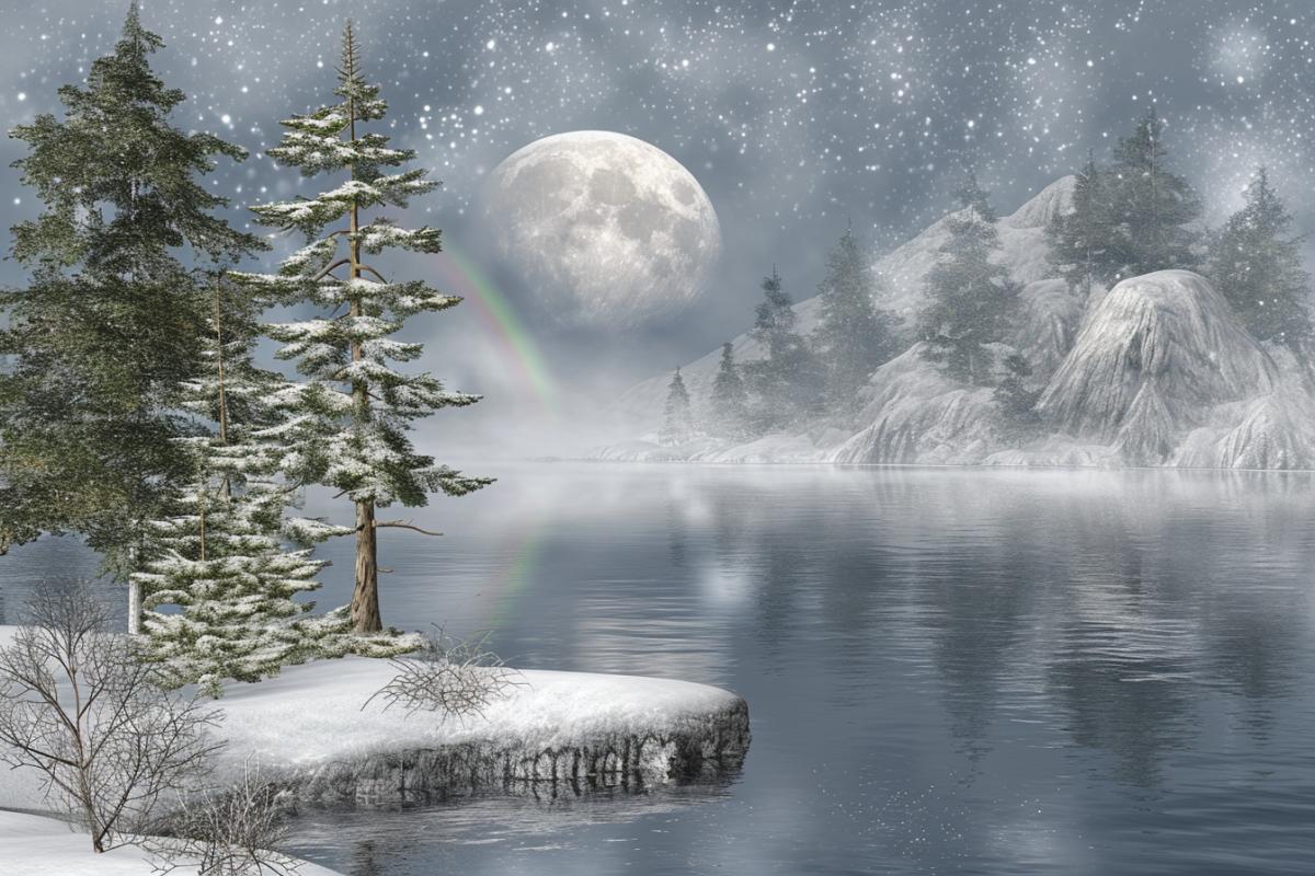 Moonlight rainbow, fantastic atmosphere, enigmatic winter border of a wood, superlune
