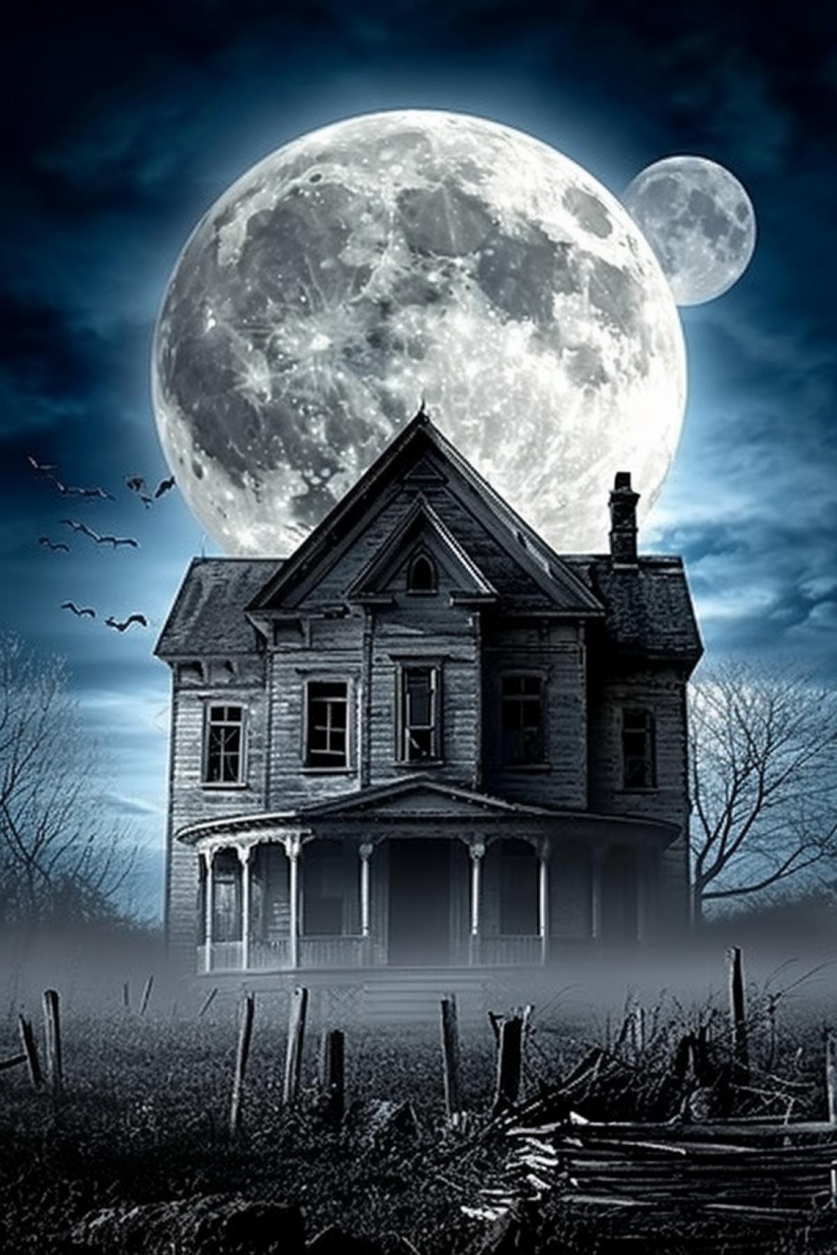 night lunar landscape, cityscape, full moon, mystical light of the moon, dark blue sky, dark silhouettes of houses, roofs and trees, glowing silhouettes of ghosts around the moon