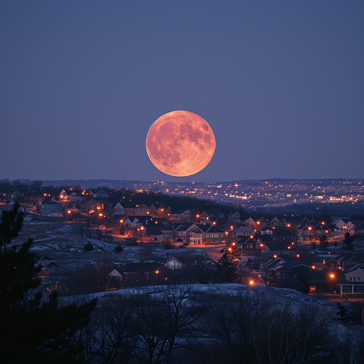 night cityscape, full moon, mystical moonlight, dark blue sky, dark houses, roofs and trees, sad ghosts