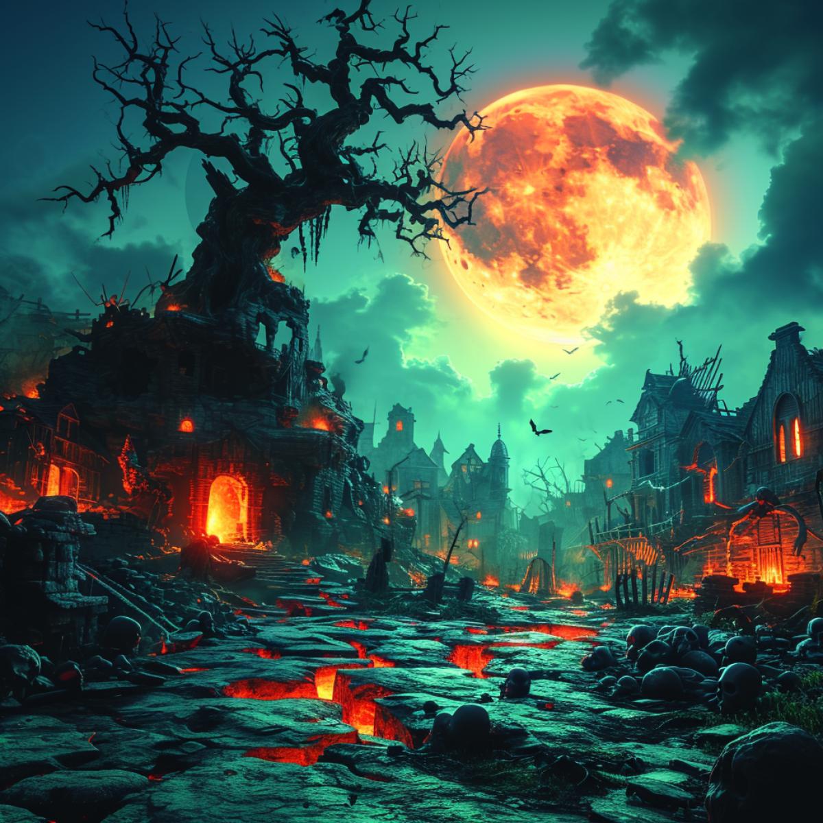 night cityscape, full moon, mystical moonlight, dark blue sky, dark houses, roofs and trees, sad ghosts
