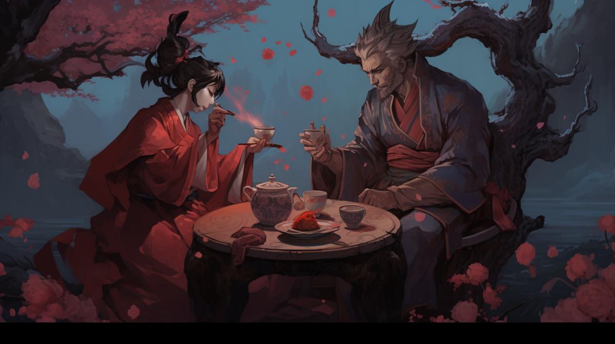hellish night, which God and Hades are watching, sipping tea near the dried cherry blossoms