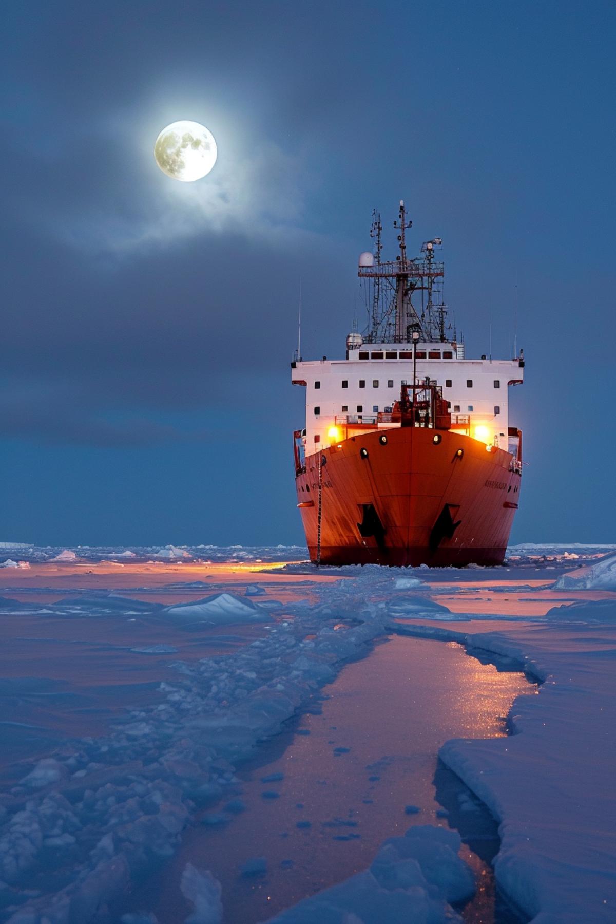 Icebreaker, polar night, moon, arctic