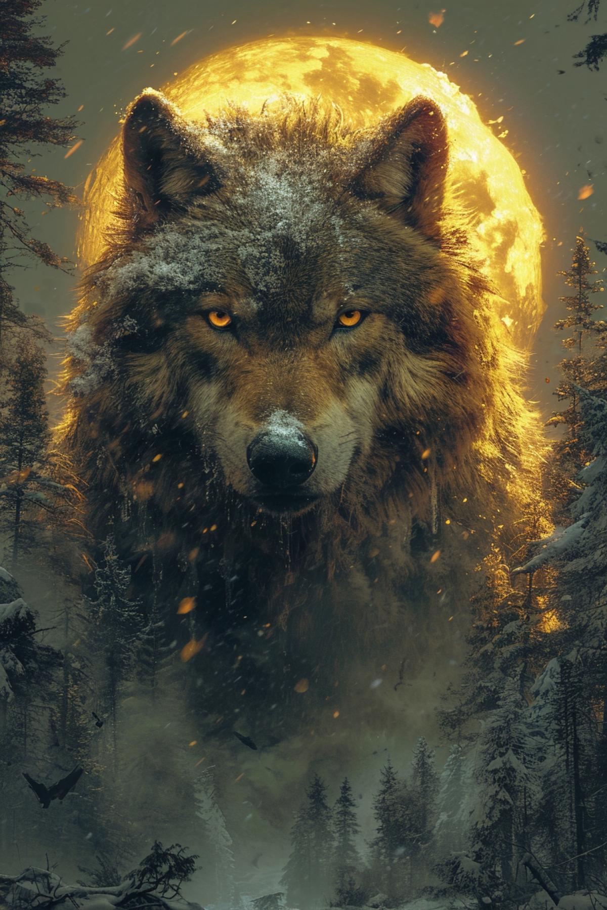 werewolf ,winter, night, horror style, moon light , moon , night time, Jakub Rozalski style