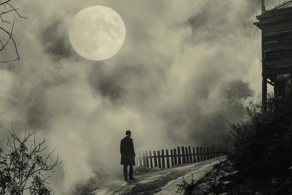 Big moon::scary house::pencil drawing