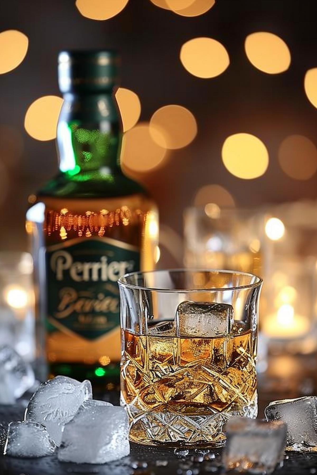 Bottle of whisky with logo Perrier \"Perrier\" adv photo glass of whisky with ice cubes scenic light