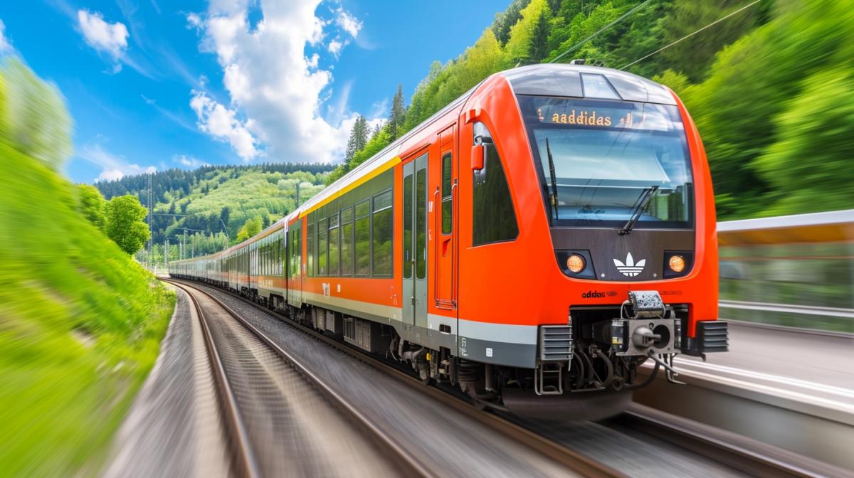High-speed passenger train in motion, beautiful scenery around, \"adidas\" logo and branded three stripes on the train