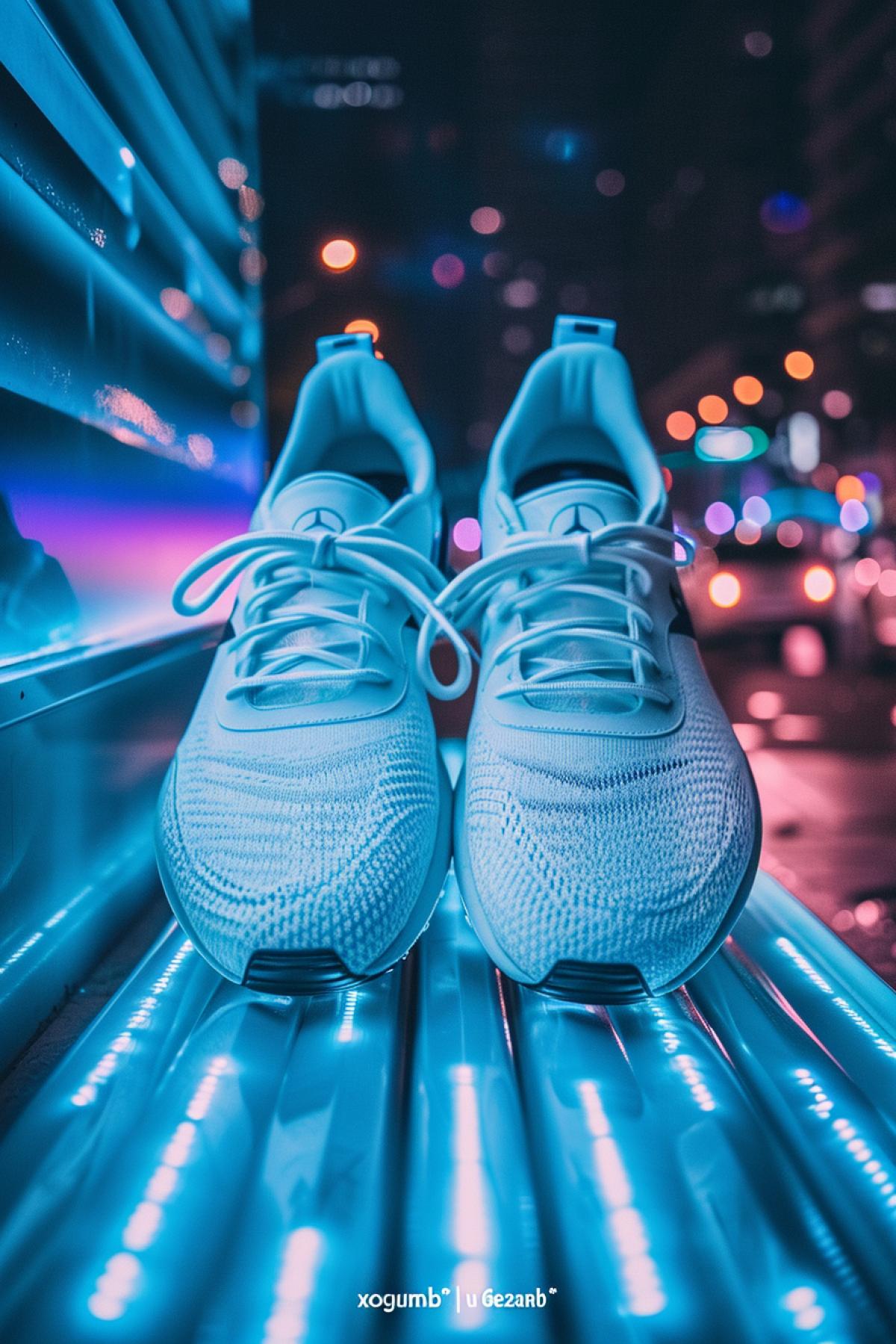 Pair of sneakers with imprinted Mercedes logo scenic light advertising photo \"xogumb\" \"u 6e2amb\"