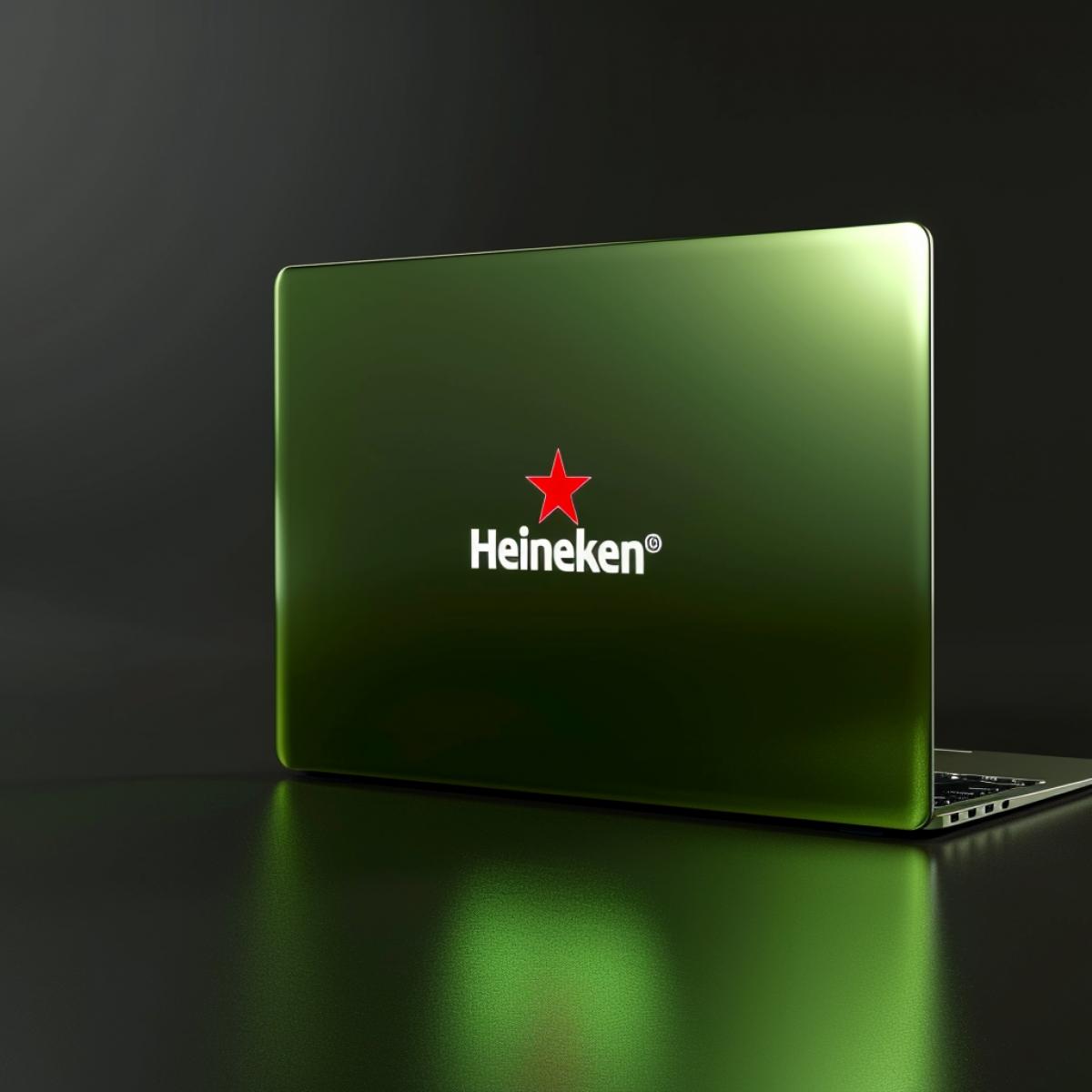 Ultra-thin green colored laptop with the \"Heineken\" logo on the back cover.