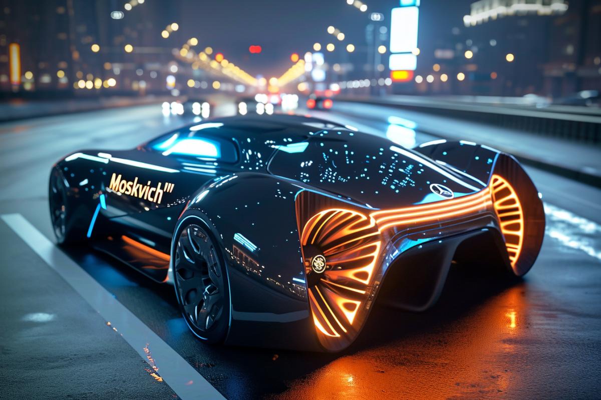 Ultra futuristic car with the inscription \"Moskvich\"