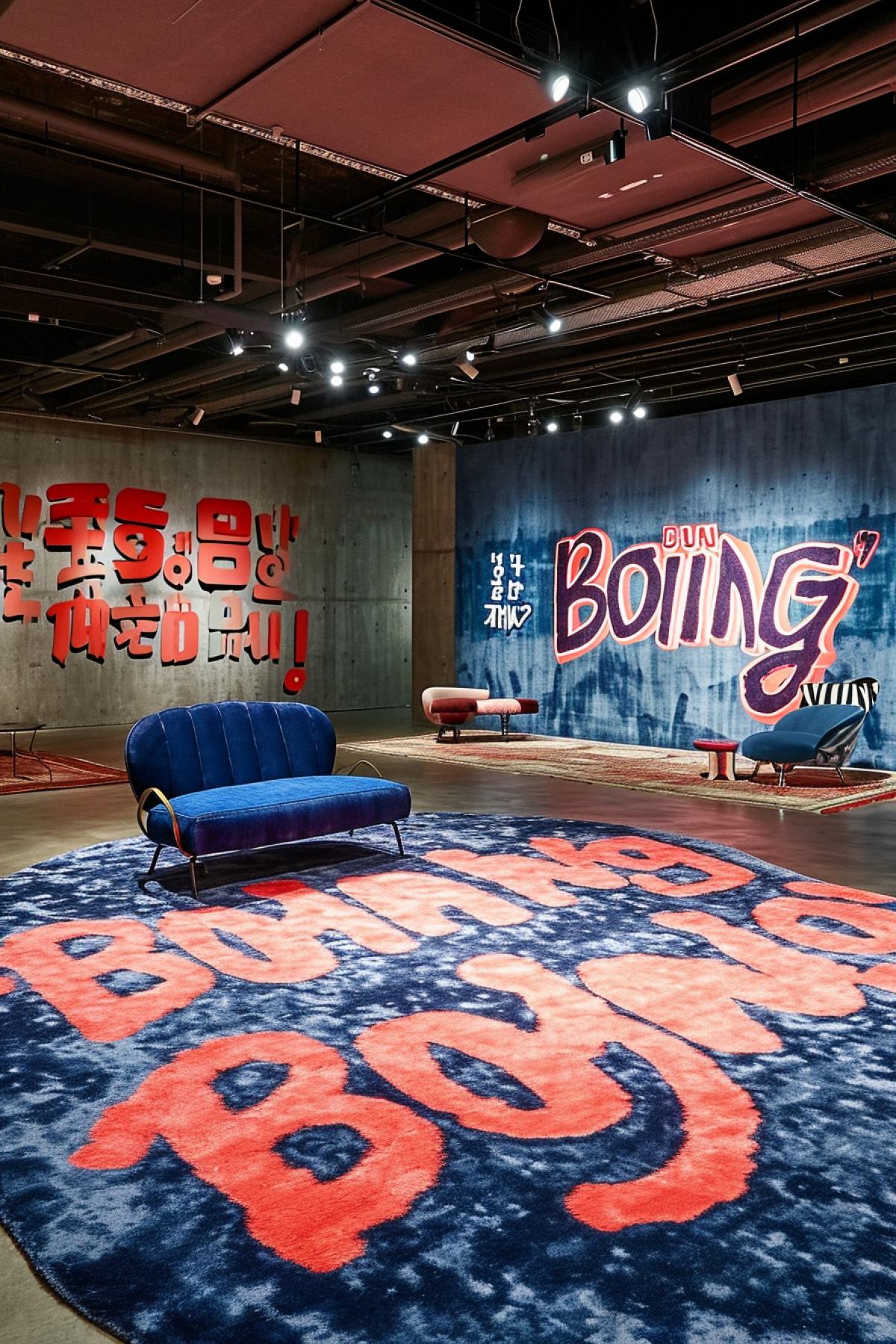 Carpet on the floor with the inscription \"BOING\"