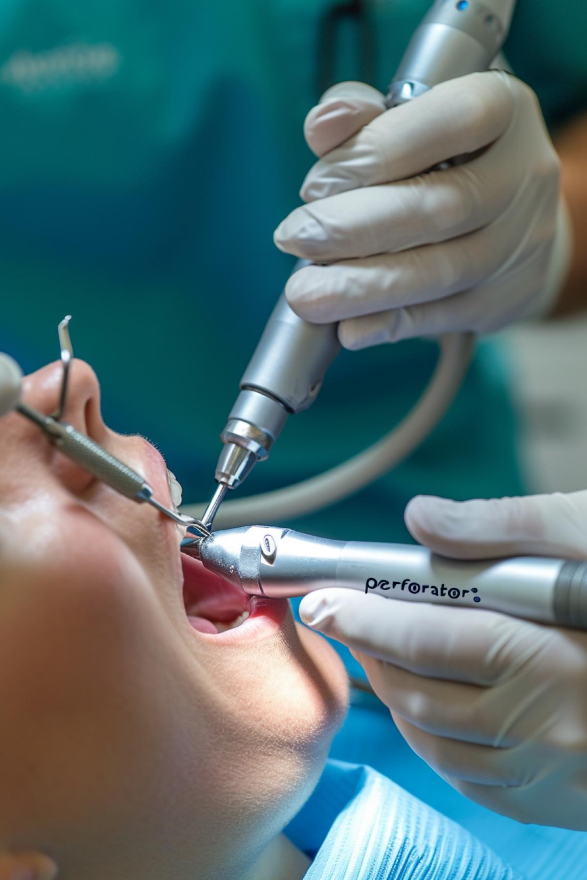 The dentist treats teeth. In the hands of a drill with the inscription \"perforator\"