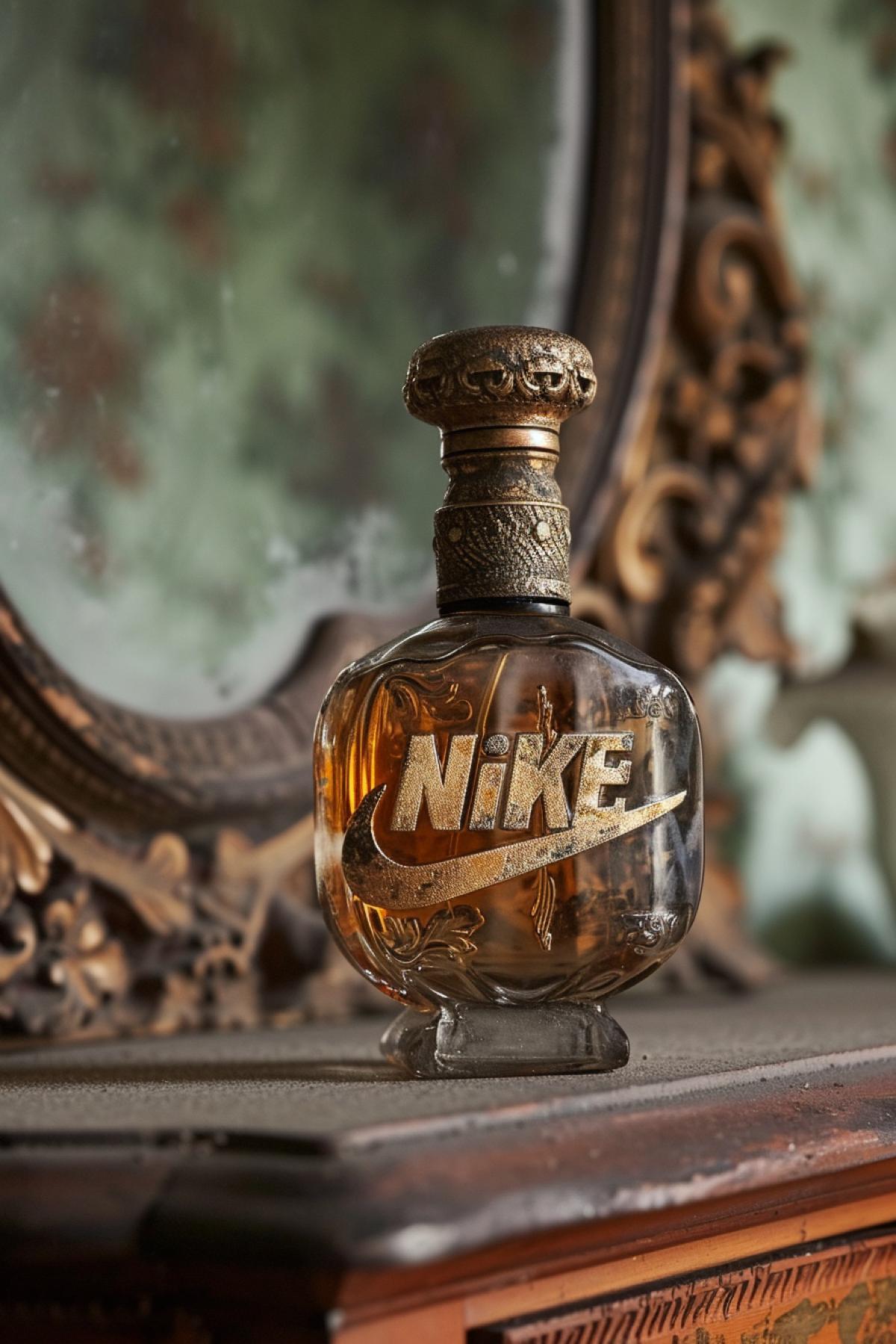 A weathered, ornate perfume flacon from Nikes line graces an antique vanity with the inscription \"Nike\". Gilded with the iconic swoosh, this fragrance bottle exudes a vintage charm. The perfumes aroma, blending lavender and amber, whispers tales of bygone eras.