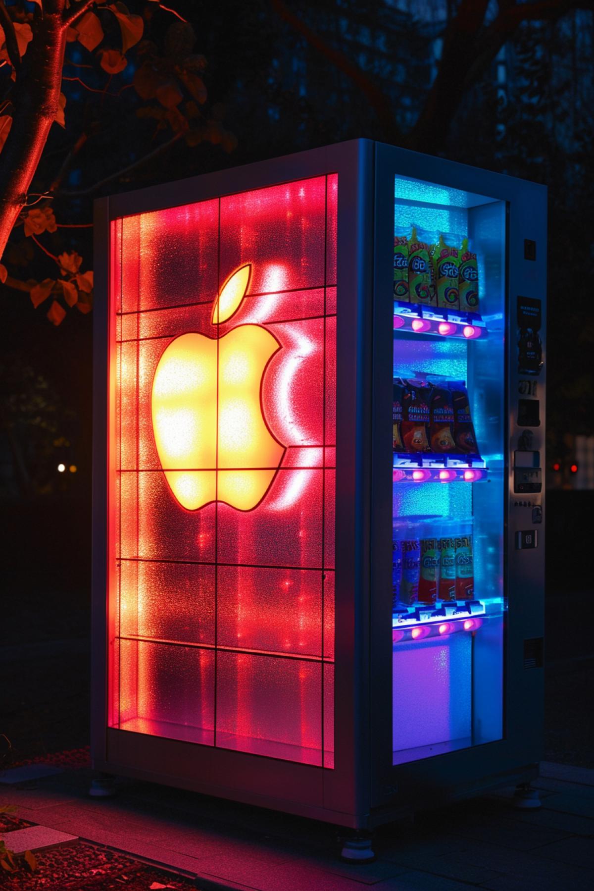 Apples holographic vending machine, emblazoned with the bitten apple logo, floats above the ground. The snacks inside defy gravity, radiating a neon glow. Pixelated textures and vibrant colors offer a taste of tech-infused indulgence.